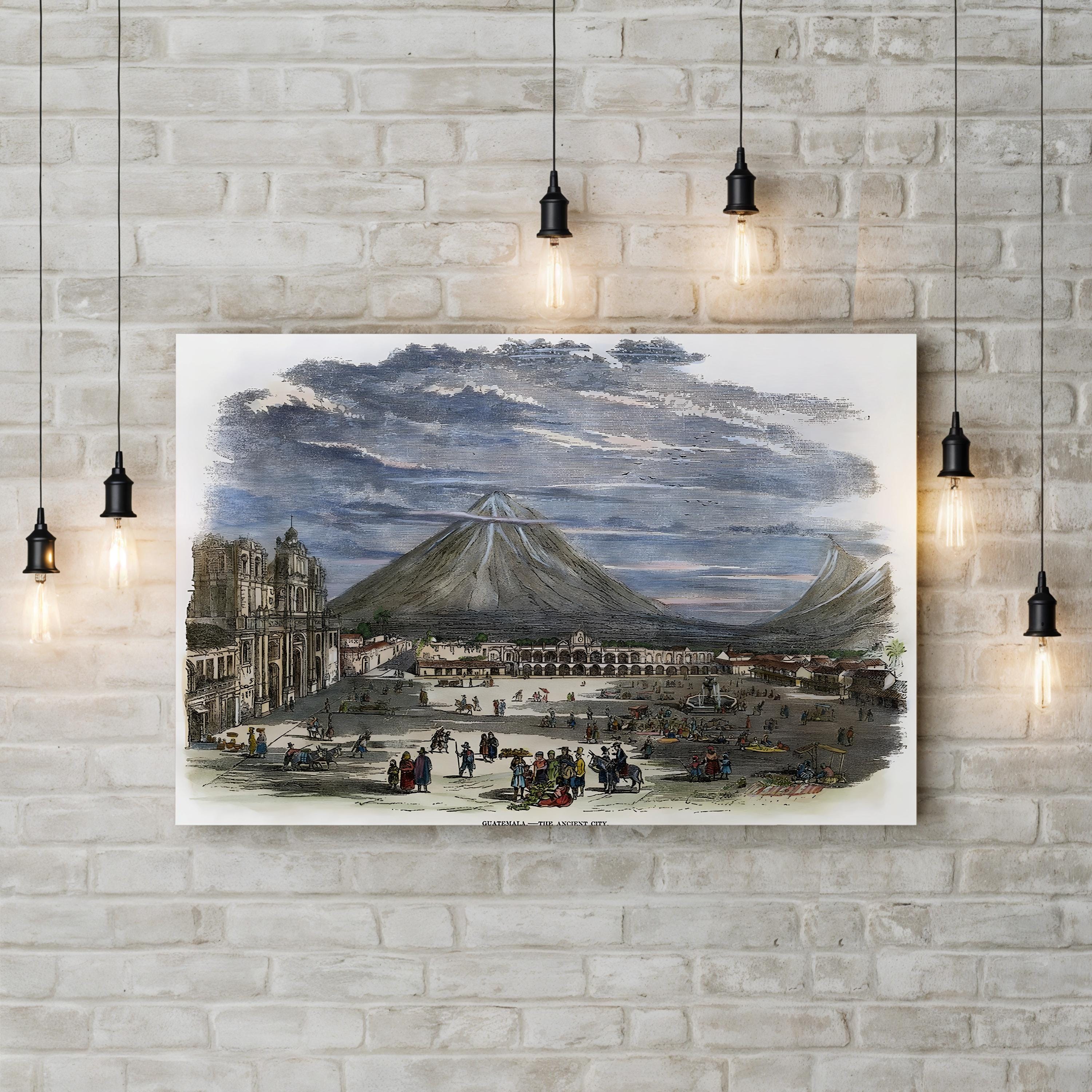 Guatemala City, 1856 – Period Illustration Wall Art | Volcano Lithograph Canvas Print