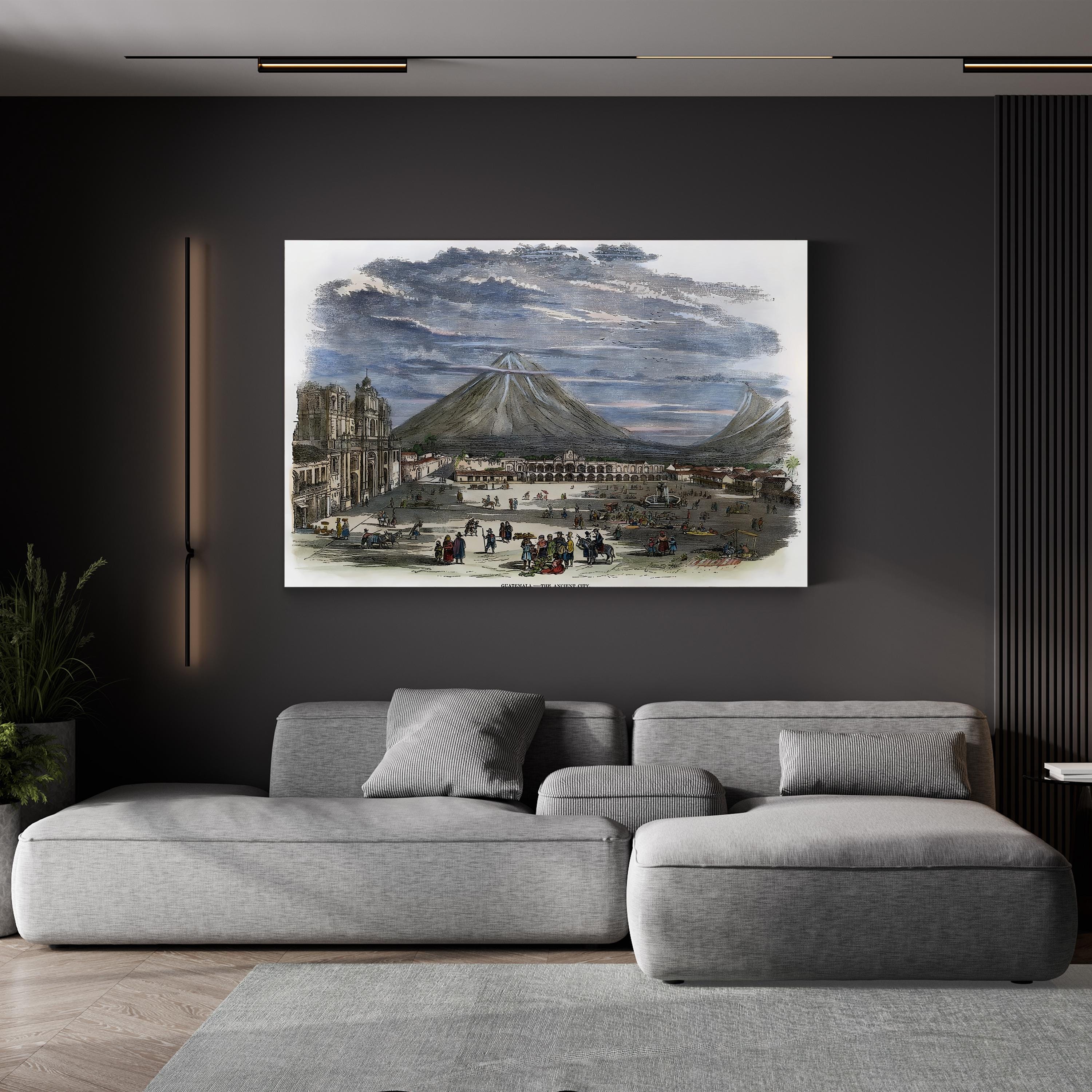 Guatemala City, 1856 – Period Illustration Wall Art | Volcano Lithograph Canvas Print