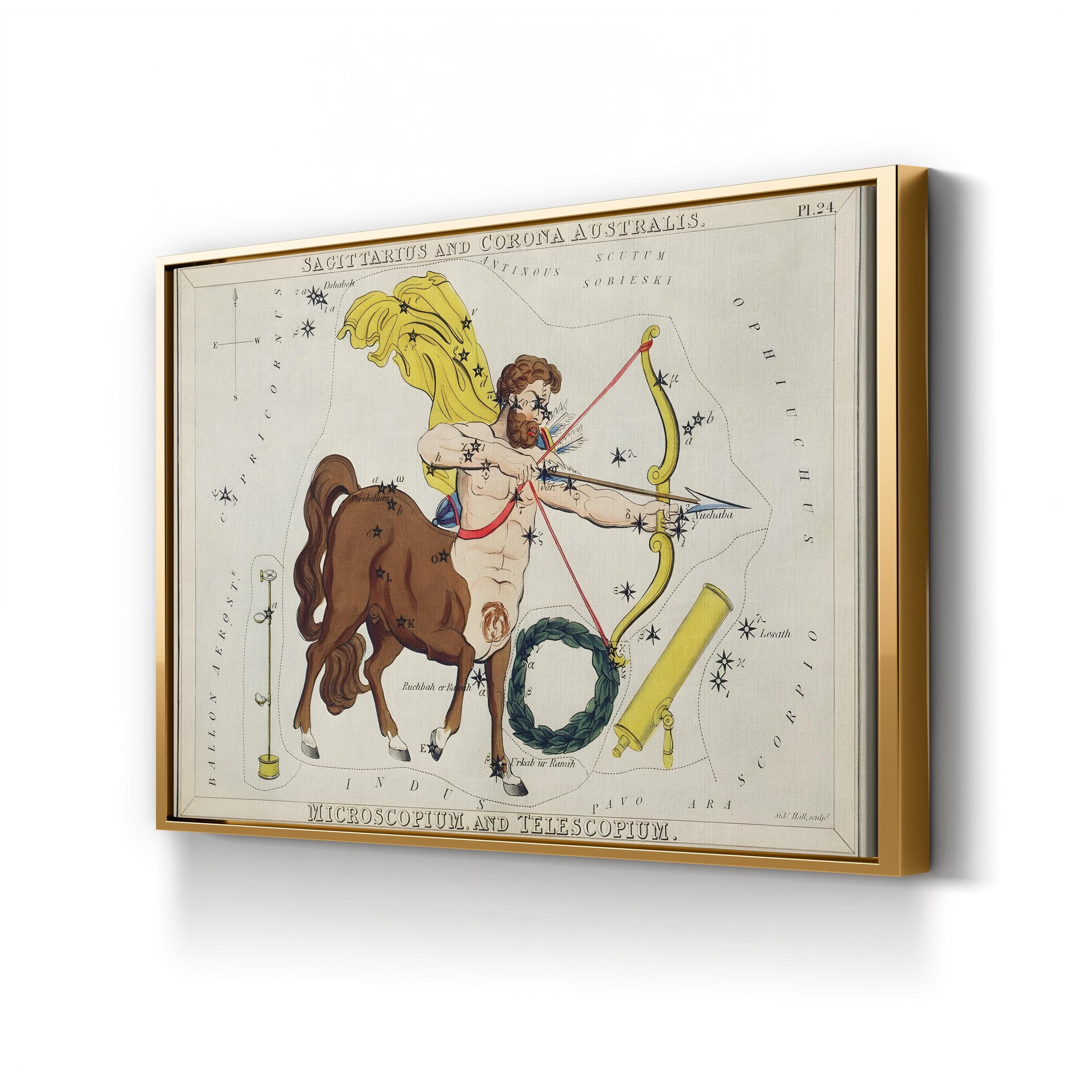 Vintage Sagittarius and Corona Australis celestial map canvas art, antique star chart print