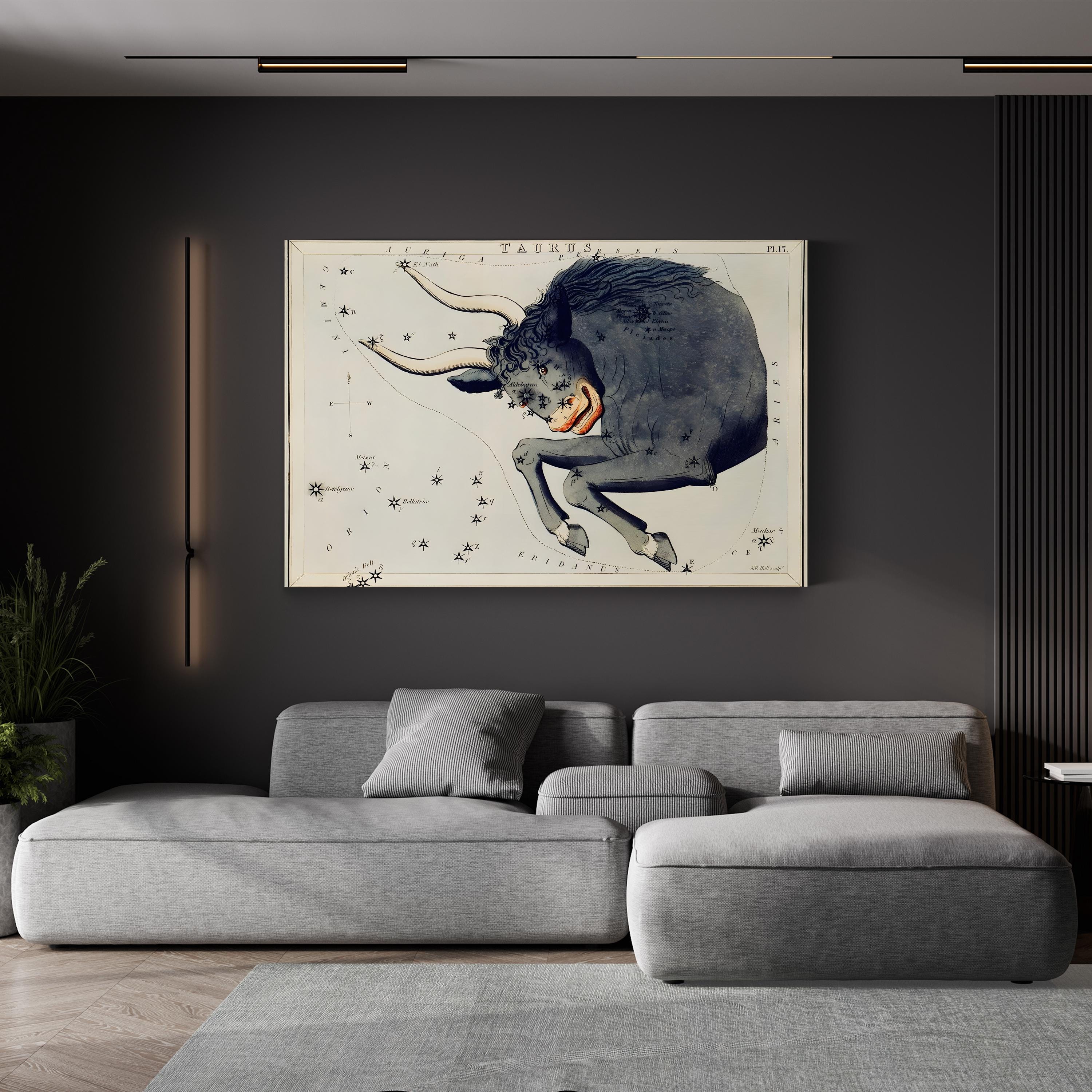 Taurus Constellation Canvas Art Print – Vintage Zodiac Star Map by Sidney Hall