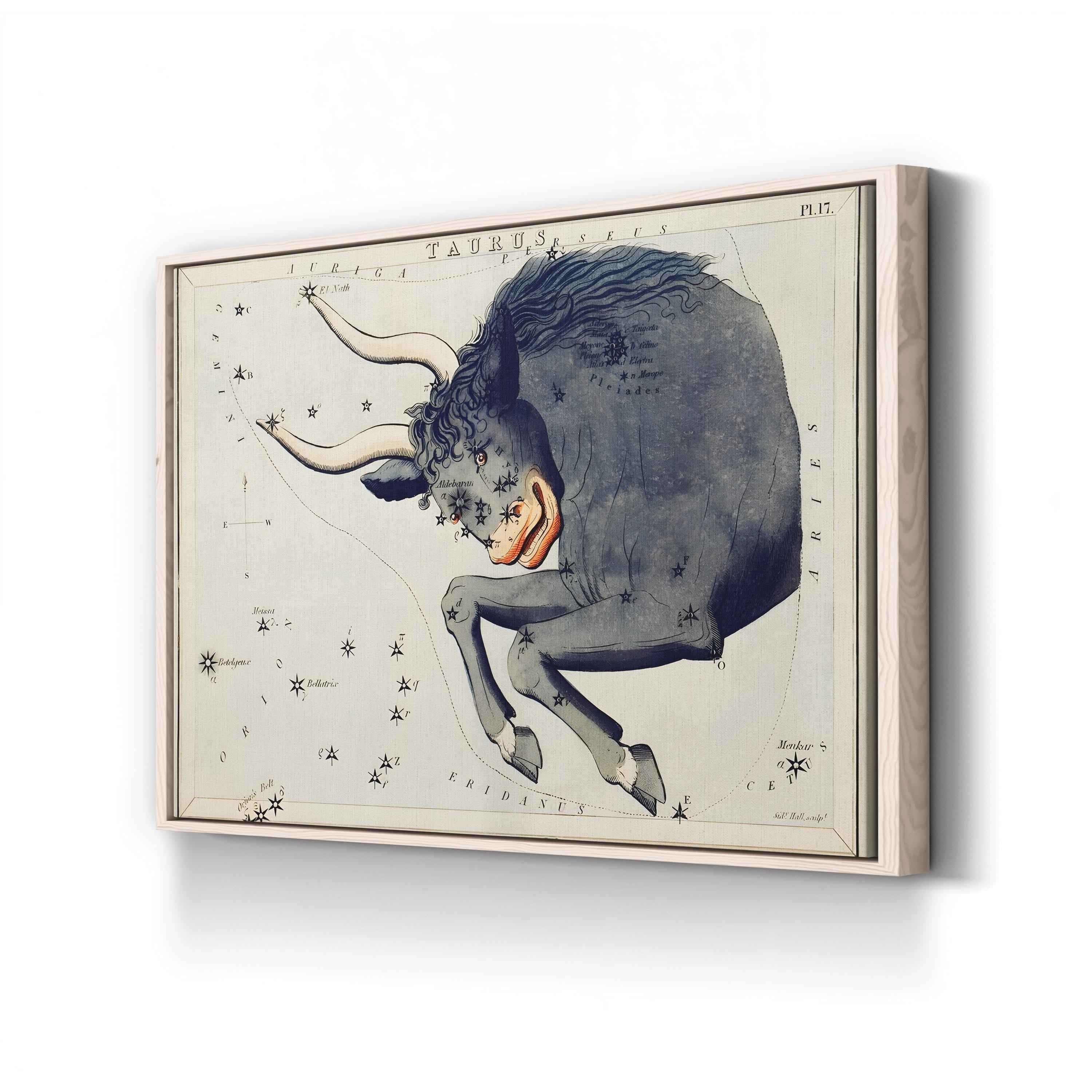 Taurus Constellation Canvas Art Print – Vintage Zodiac Star Map by Sidney Hall