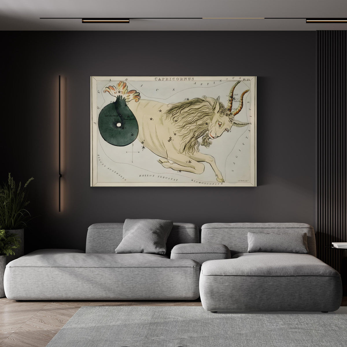 Hall’s Astronomical Illustrations VIII, Capricorn Star Map, c. 1824 by Sidney Hall canvas print displayed in an industrial-style loft