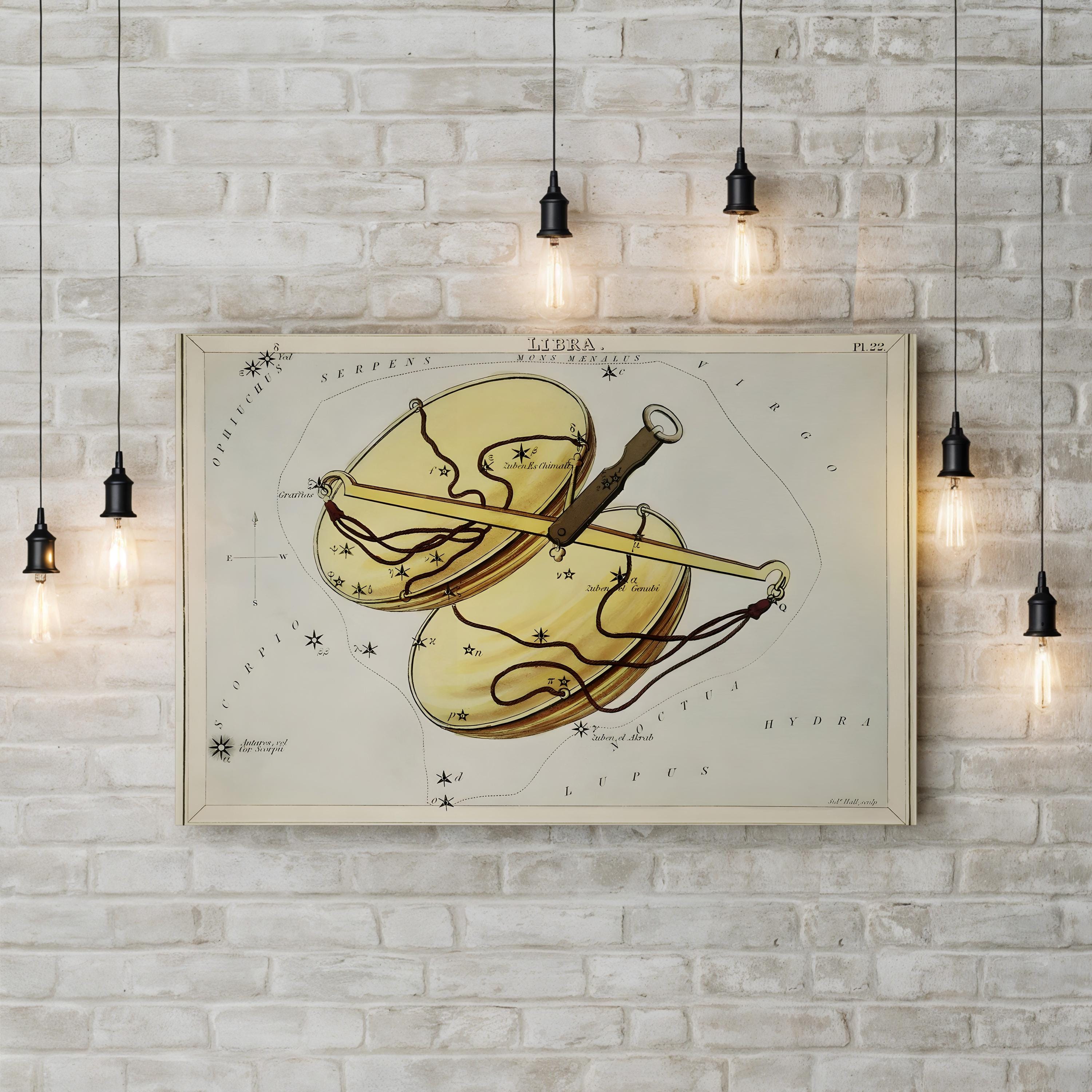 Libra Zodiac Star Map Canvas Art – Vintage Astrology Constellation Wall Print