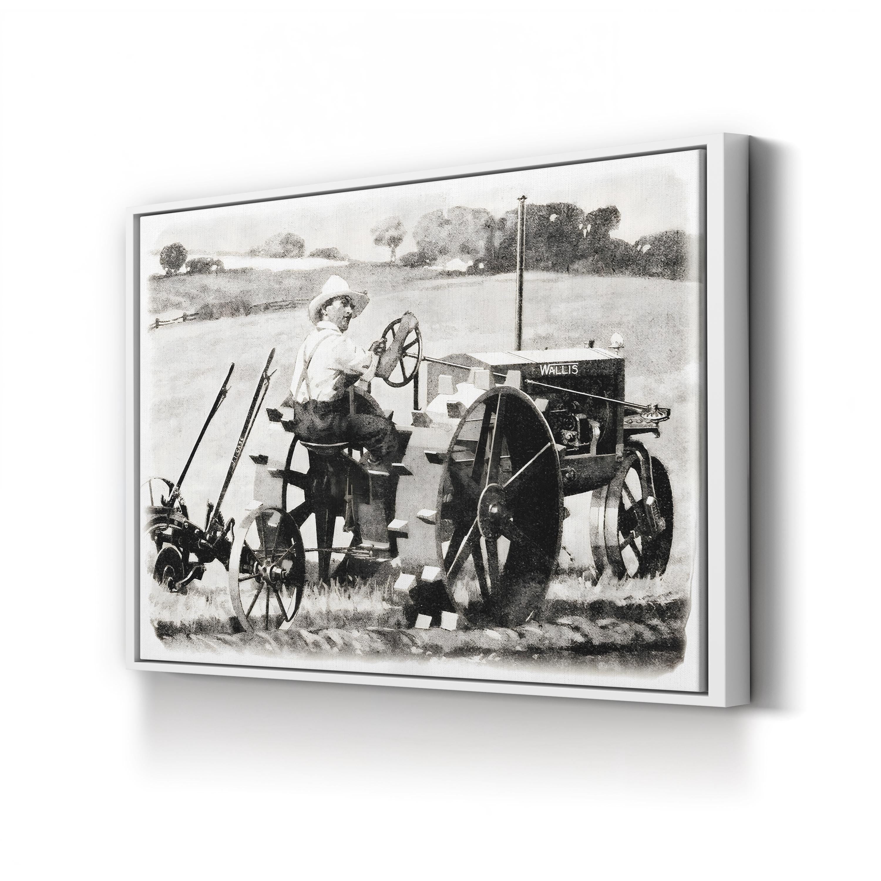 Farmer on a Wallis Tractor canvas print in white frame