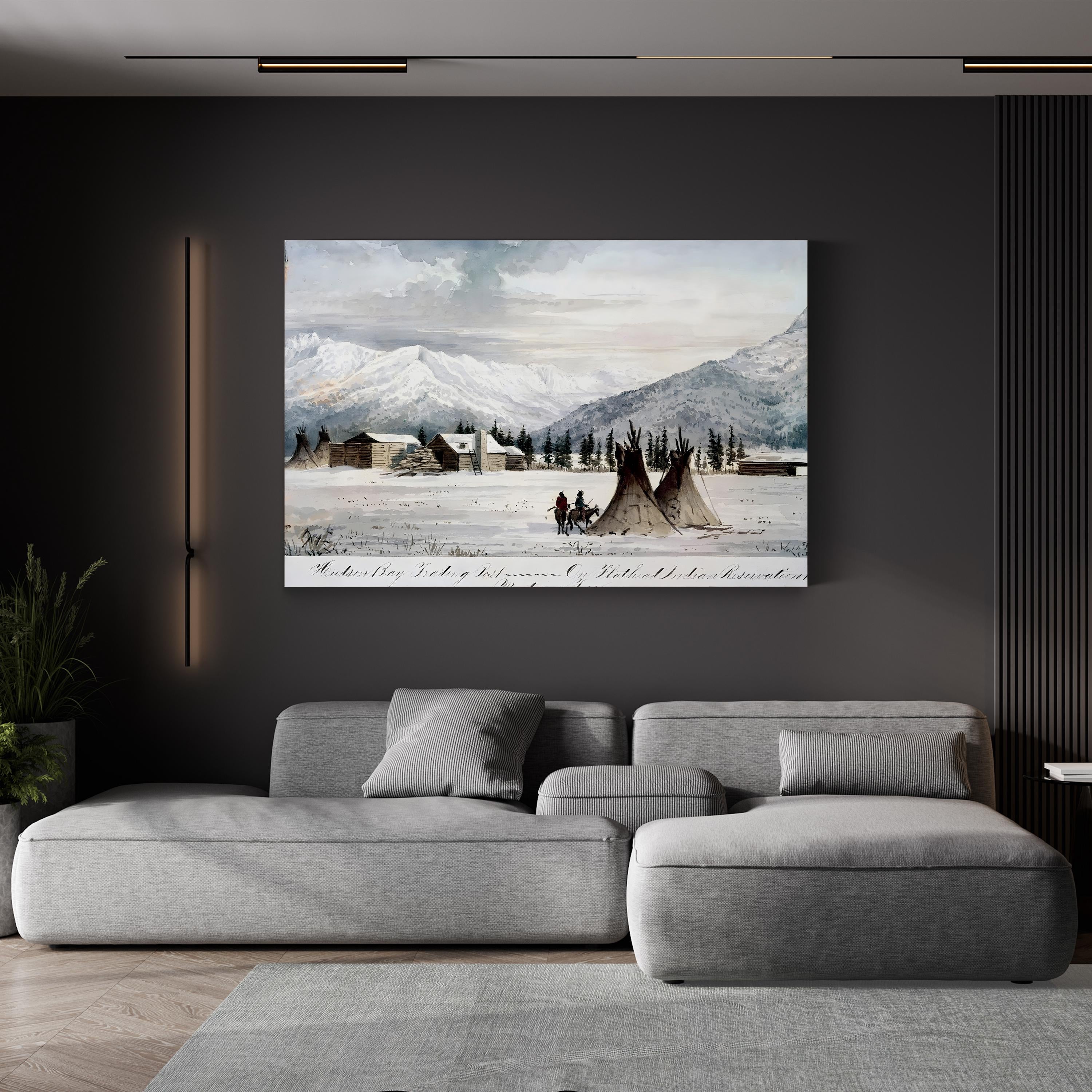 Hudson Bay Trading Post, Montana Territory 1860s – Period Illustration Wall Art | Vintage Western Canvas Print