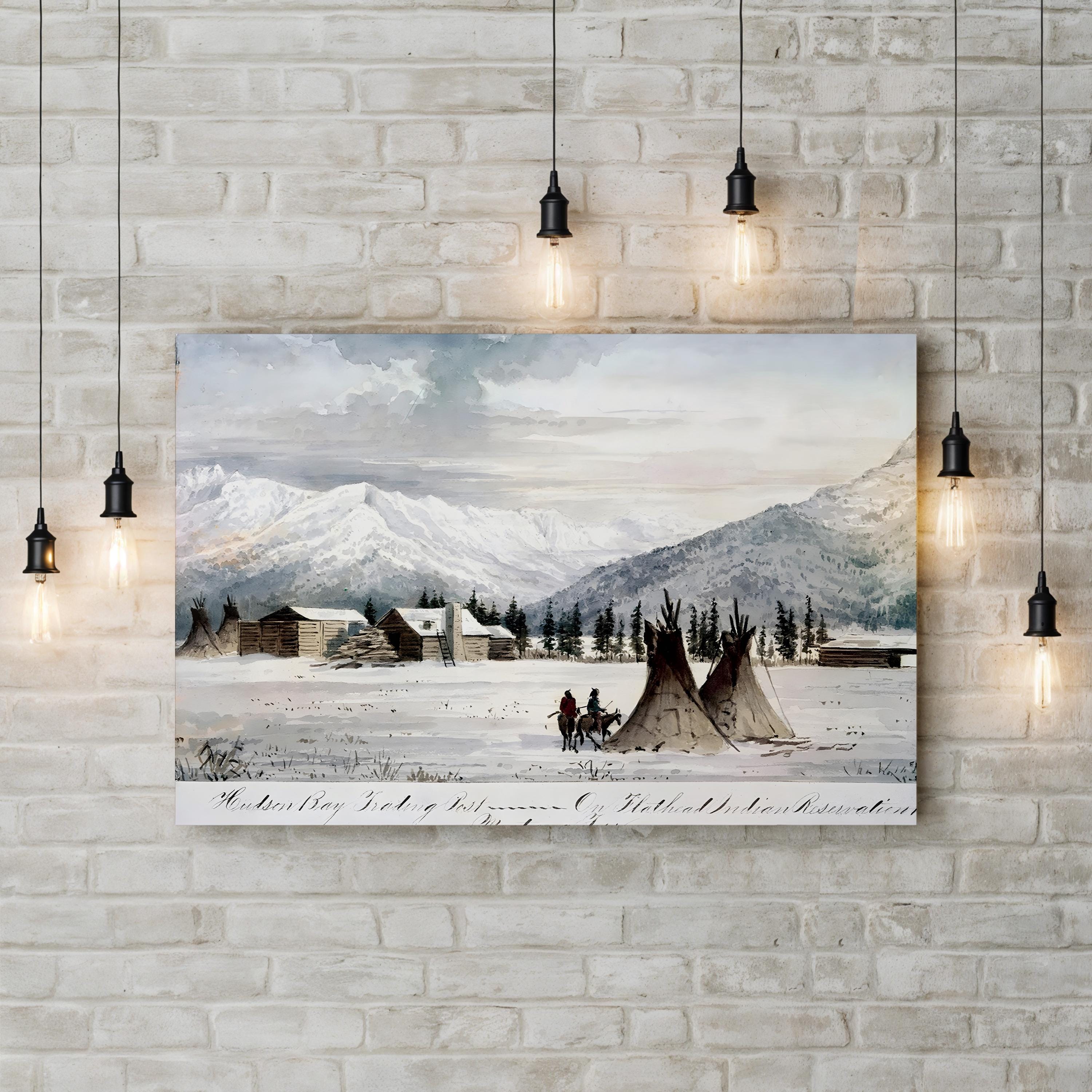 Hudson Bay Trading Post, Montana Territory 1860s – Period Illustration Wall Art | Vintage Western Canvas Print