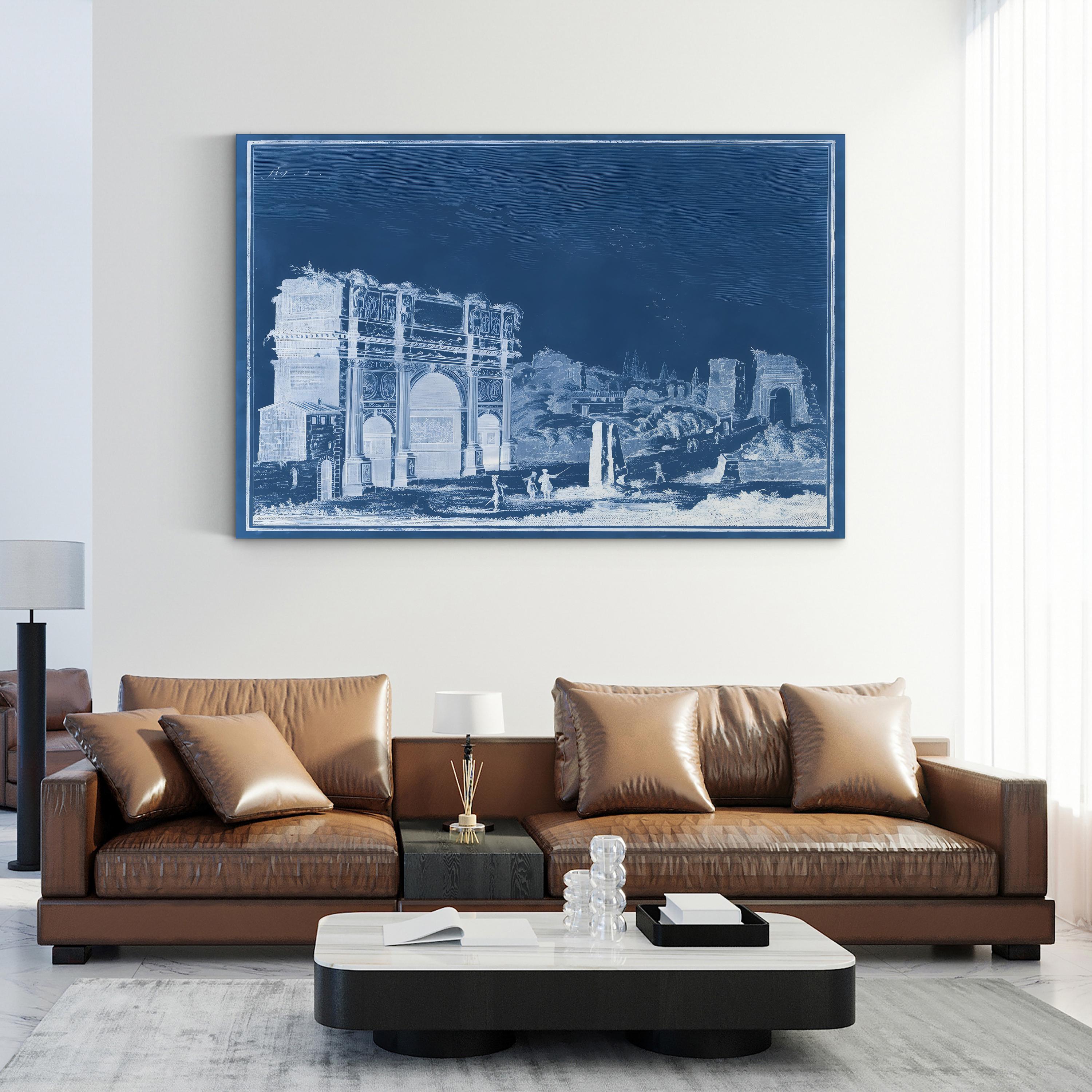 Indigo Antiquities II Architectural Blueprint – Period Illustration Wall Art | Vintage Canvas Print