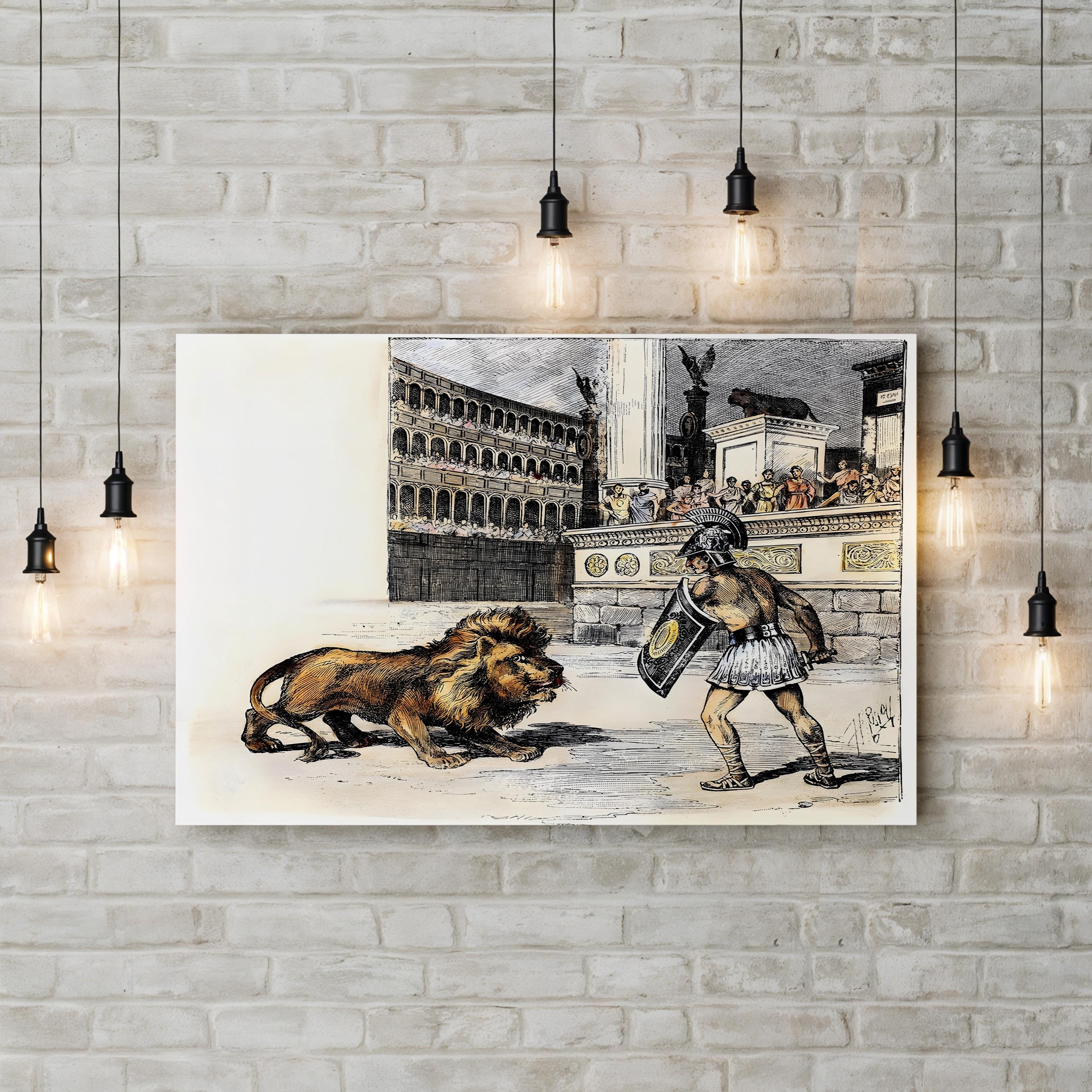 Lion and Gladiator, 1892 Vintage Roman Arena Wall Art | Ancient Rome Line Engraving