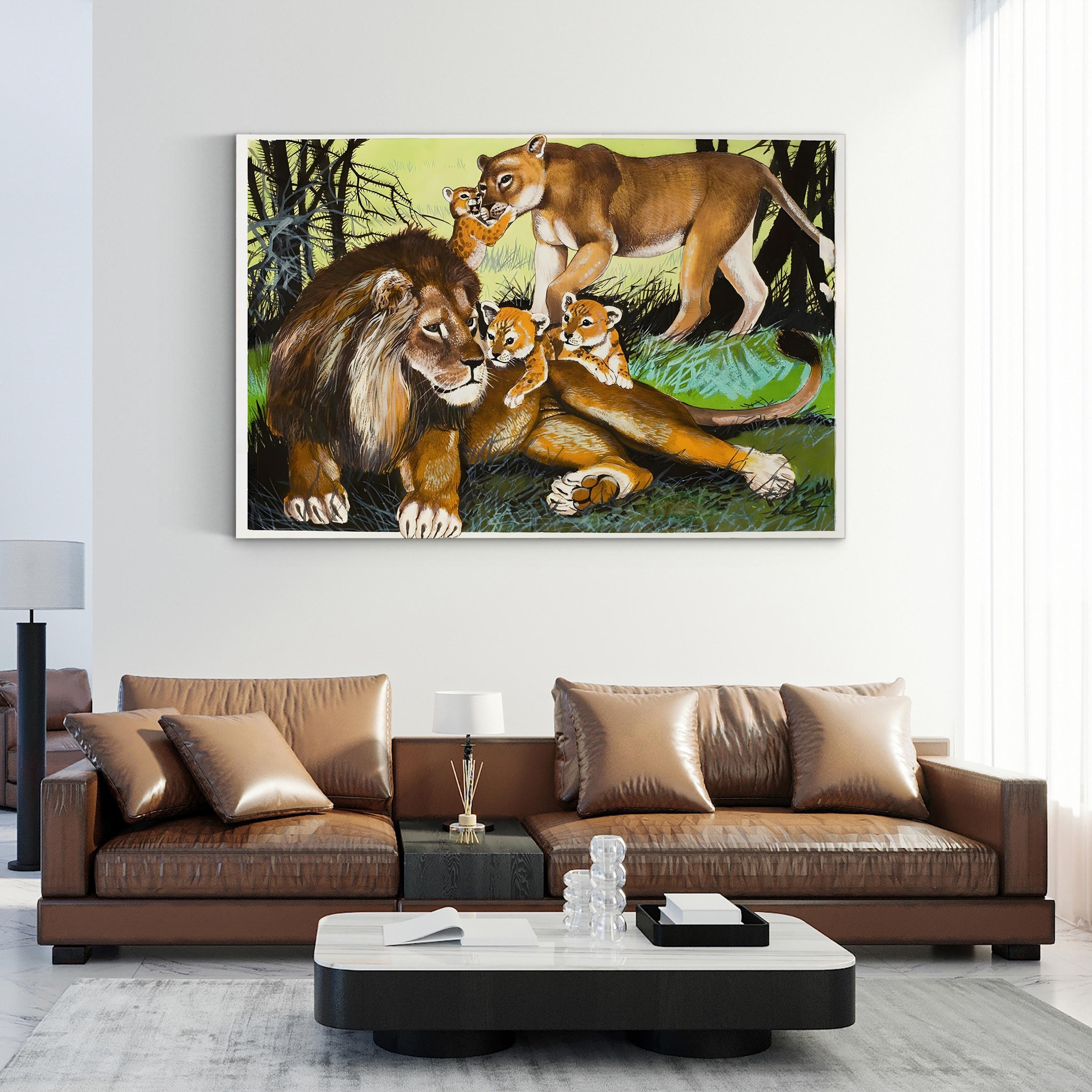 Lion, Lioness and Cubs Wall Art | English School Black & White Wildlife Canvas