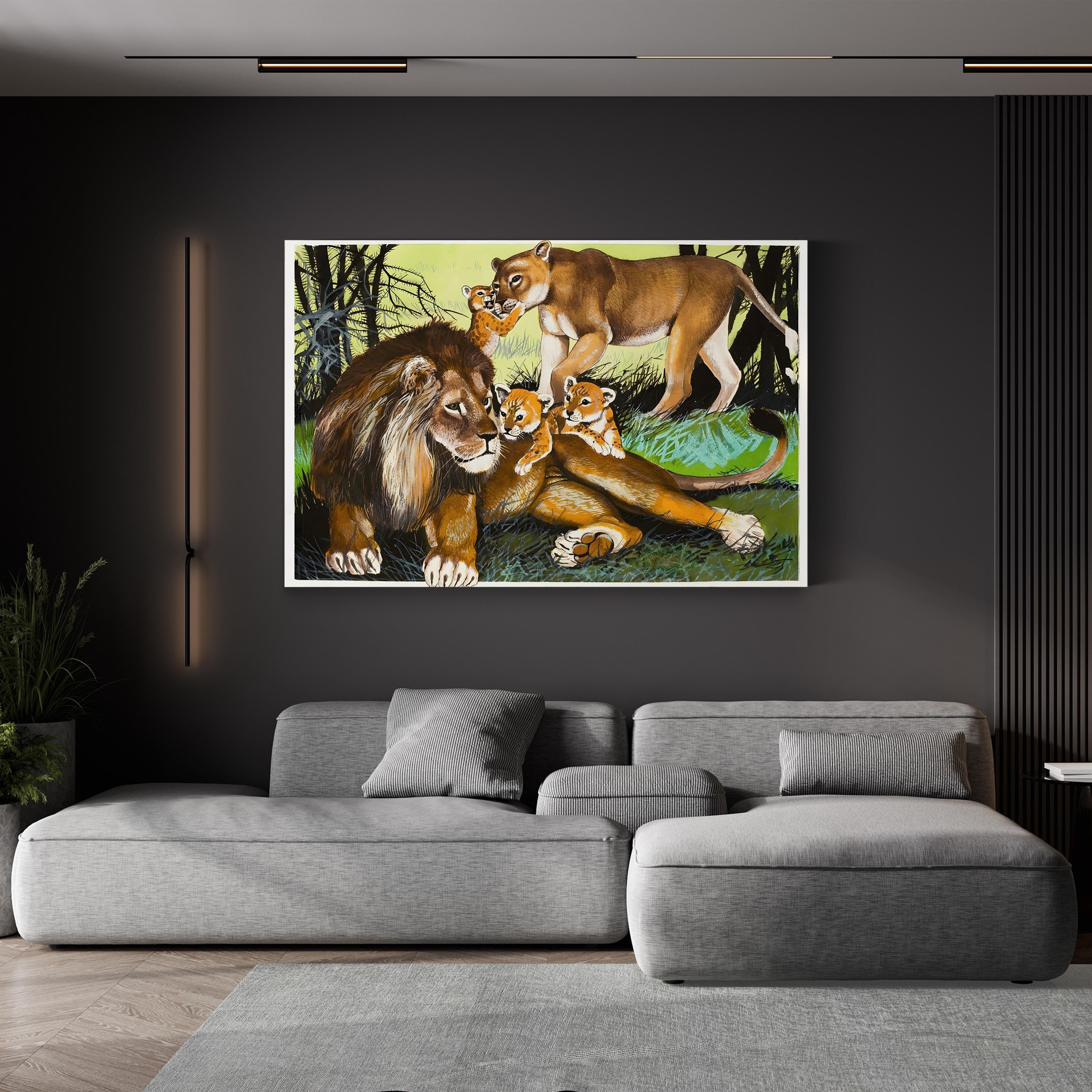 Lion, Lioness and Cubs Wall Art | English School Black & White Wildlife Canvas