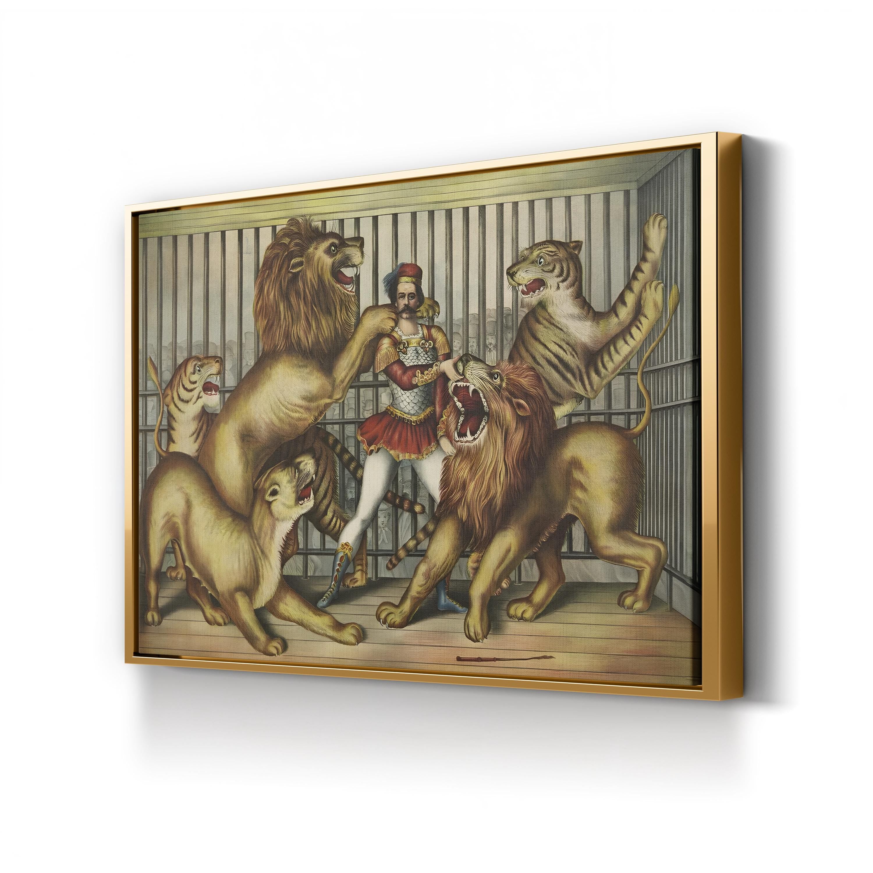 Lion Tamer in Cage with Lions and Tigers – Vintage Circus Illustration Canvas Wall Art