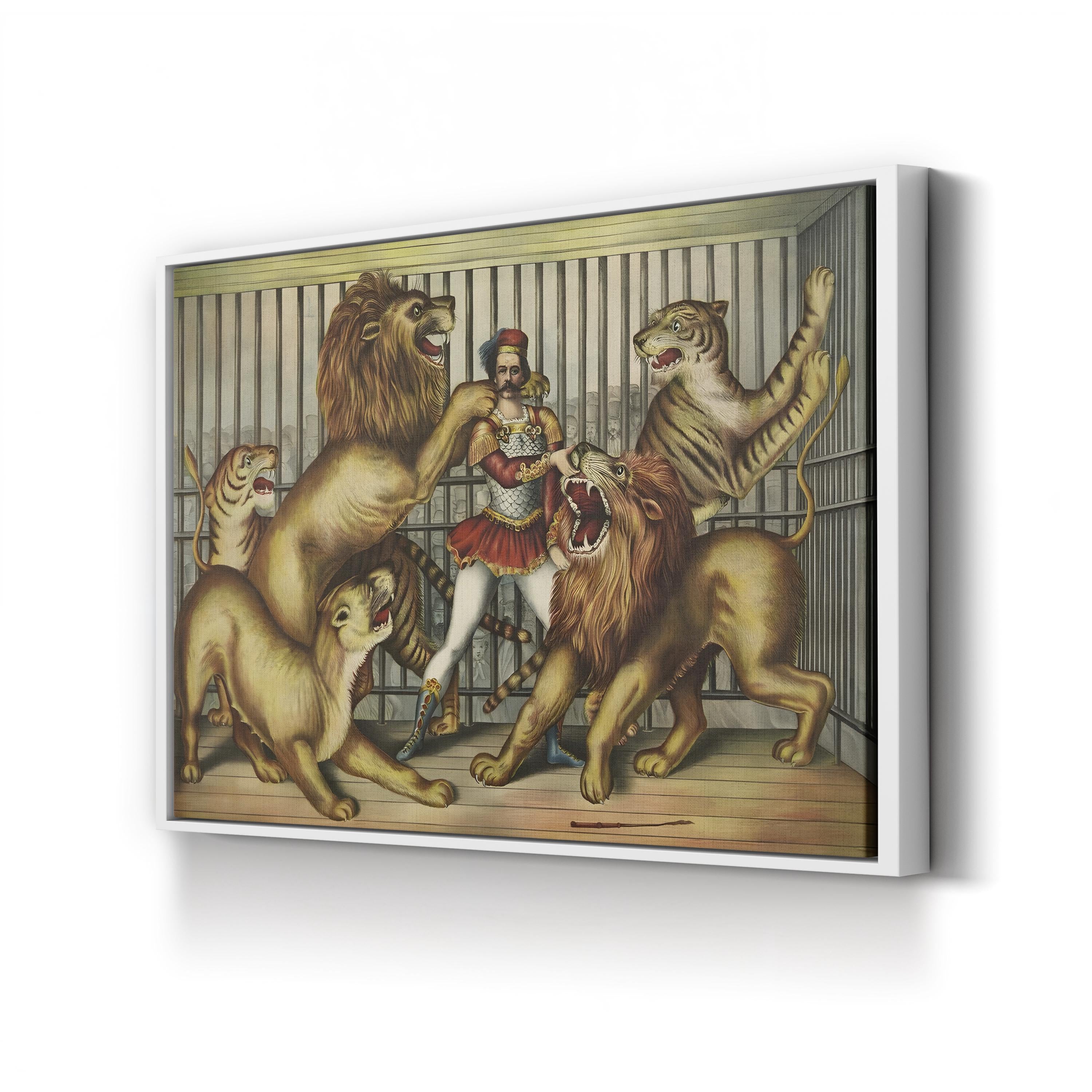 Lion Tamer in Cage with Lions and Tigers – Vintage Circus Illustration Canvas Wall Art
