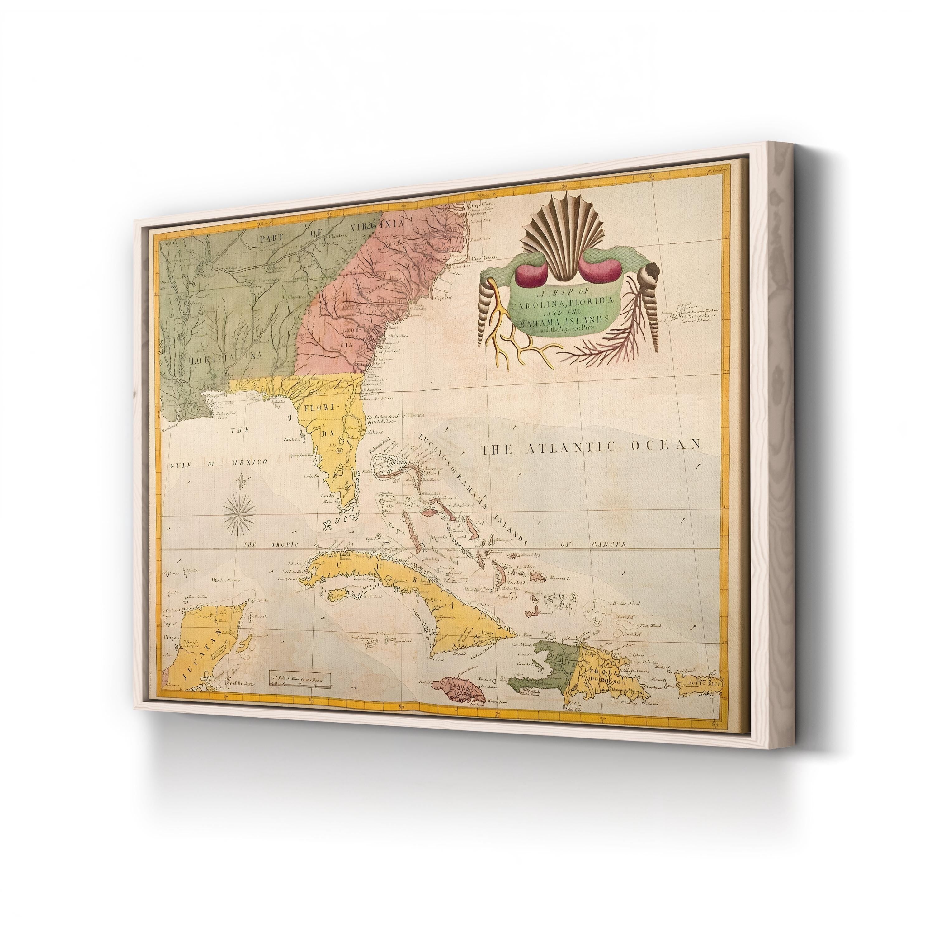 Carolina, Florida & Bahamas Map – Period Illustration Wall Art | Nautical Cartography Canvas Print
