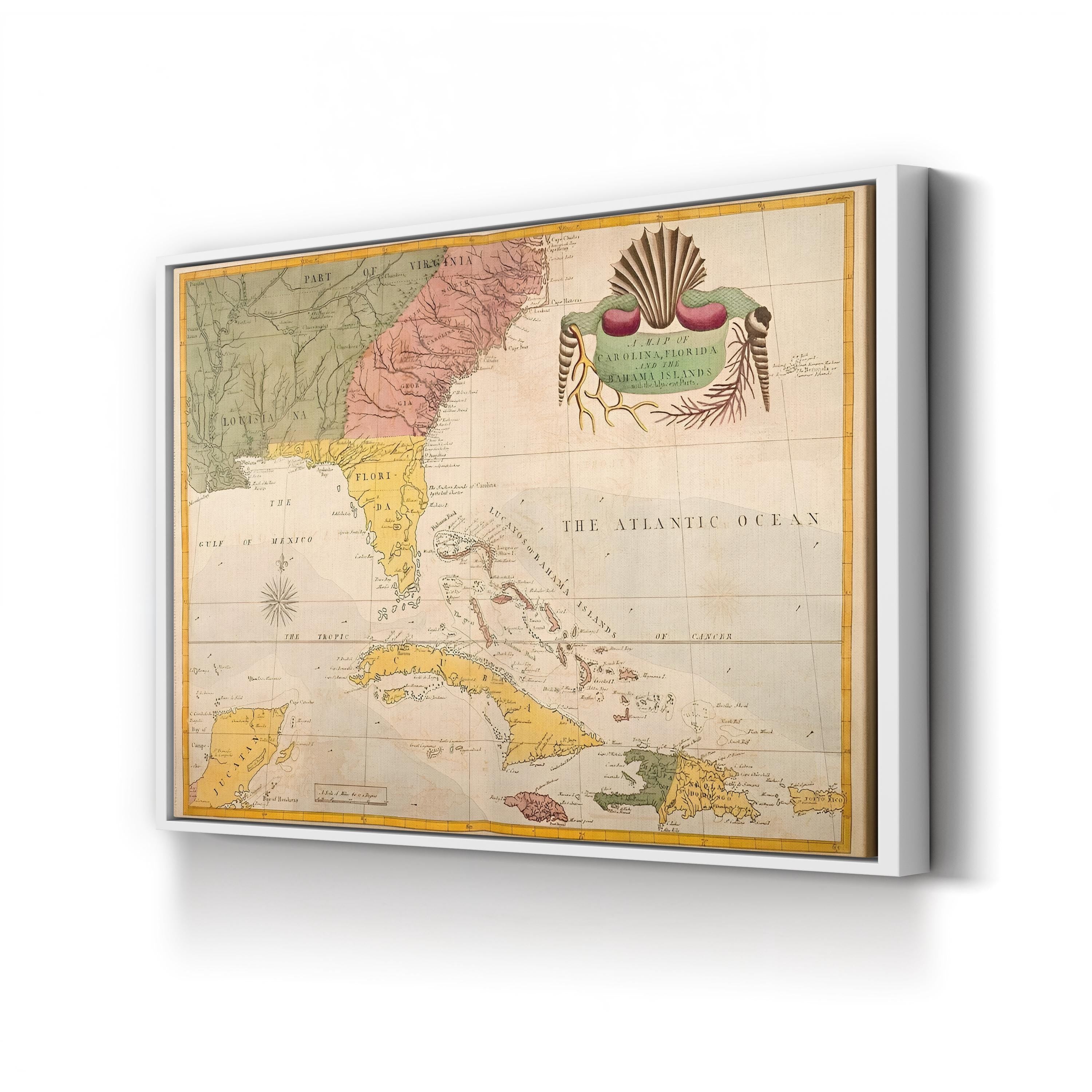 Carolina, Florida & Bahamas Map – Period Illustration Wall Art | Nautical Cartography Canvas Print