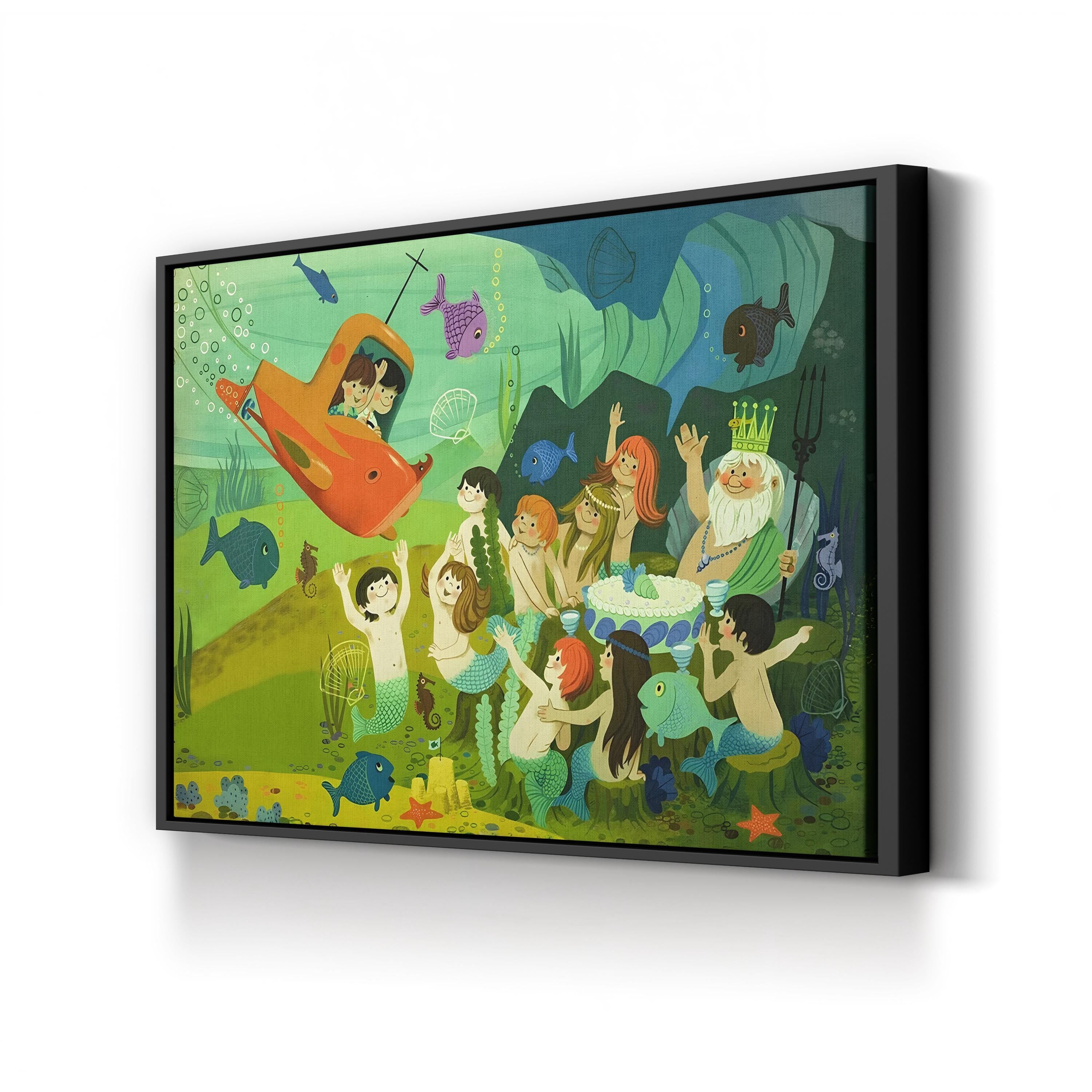 Submarine & Mermaids Fairy Tale – Period Illustration Wall Art | Whimsical Nursery Canvas Print