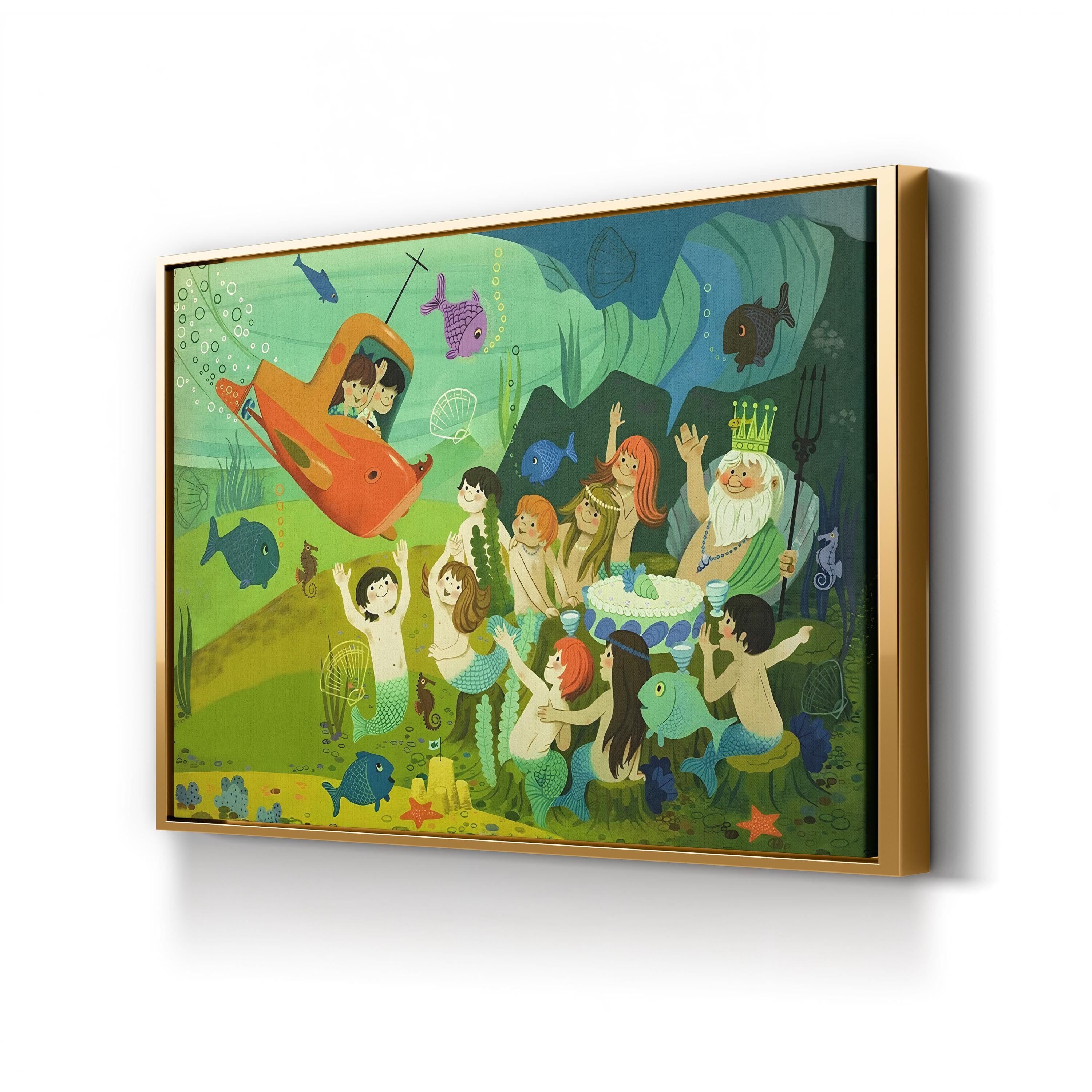 Submarine & Mermaids Fairy Tale – Period Illustration Wall Art | Whimsical Nursery Canvas Print