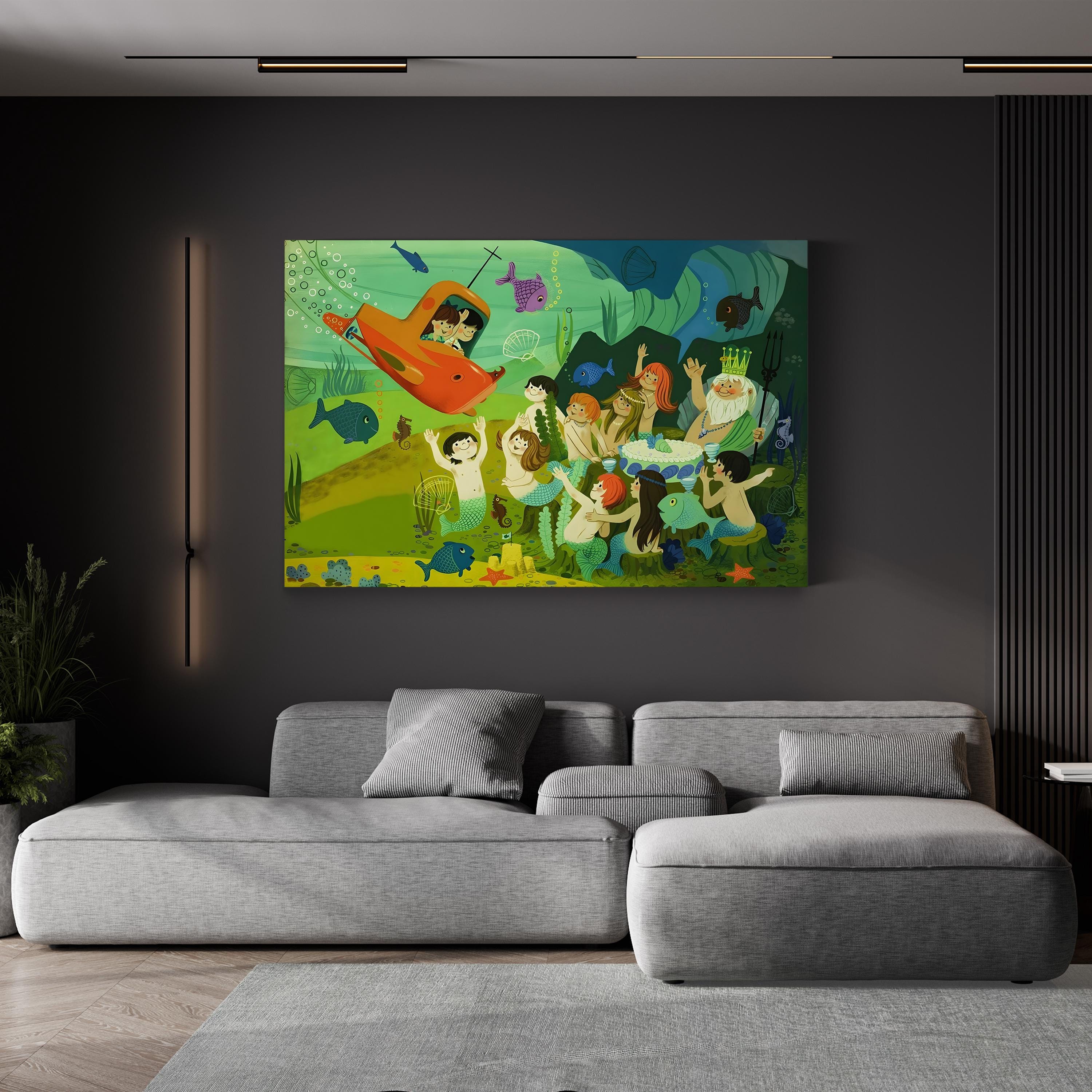 Submarine & Mermaids Fairy Tale – Period Illustration Wall Art | Whimsical Nursery Canvas Print