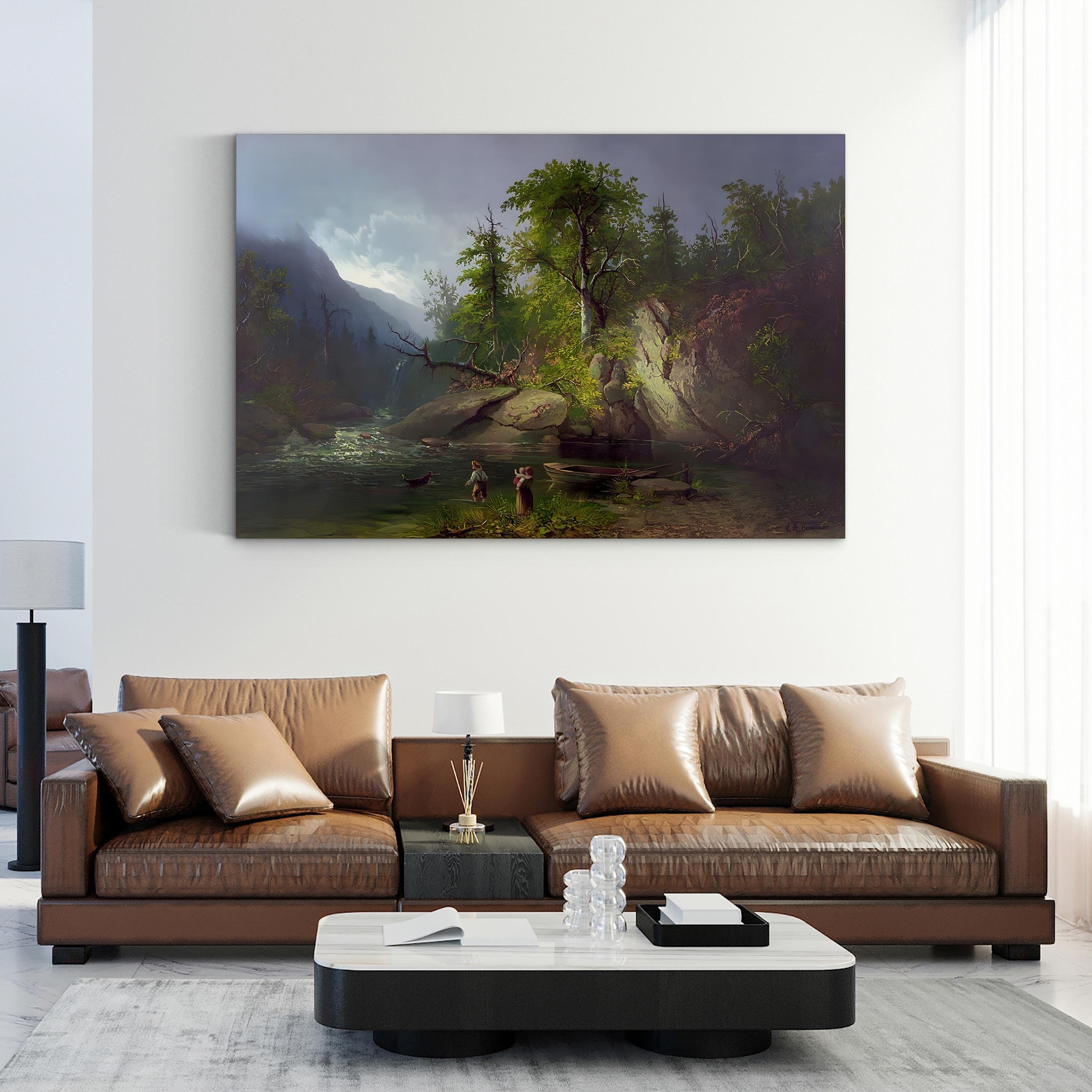 Living room with a brown leather sofa and a large painting of a landscape on the wall.