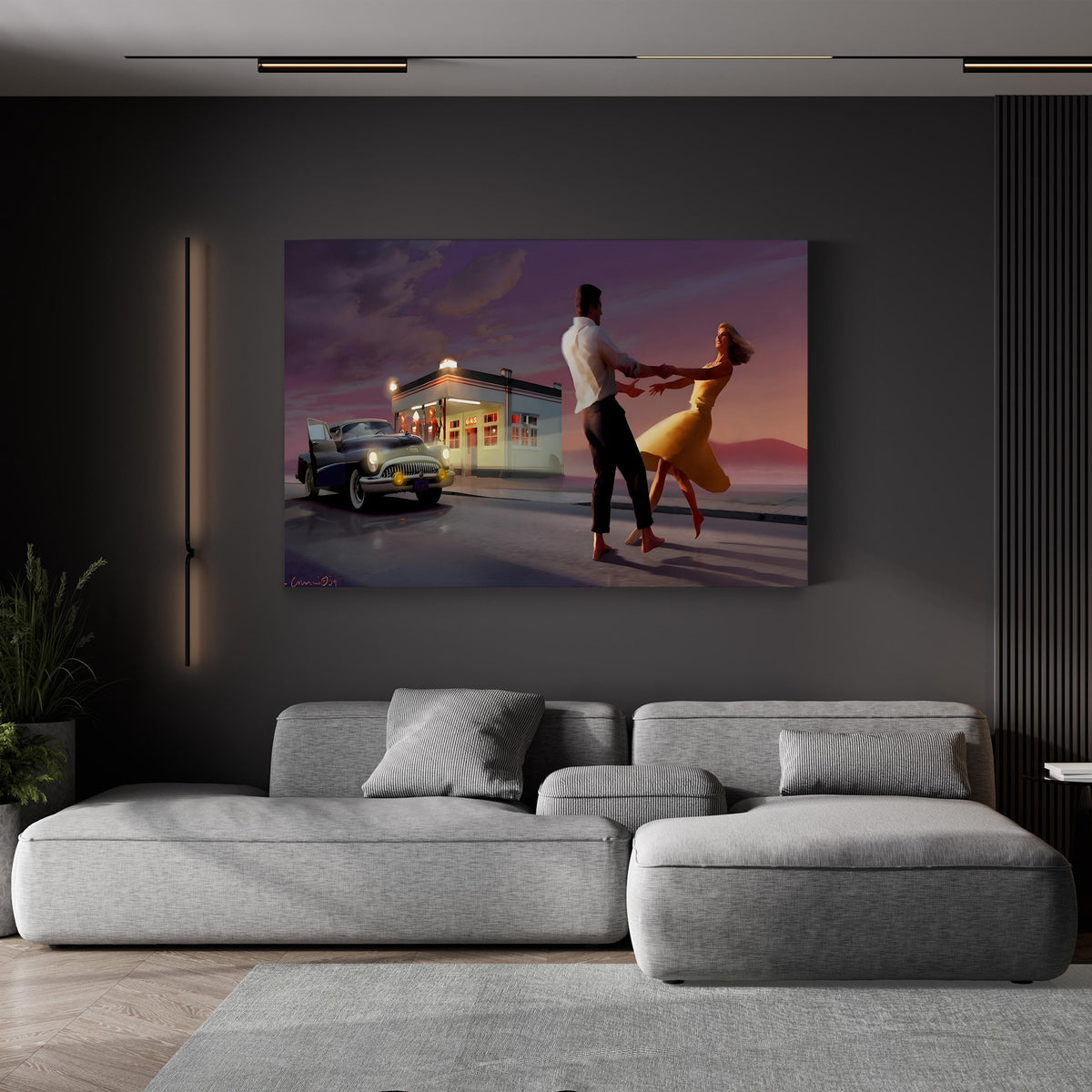 Night Dance by Chris Consani canvas print displayed above a gray sofa