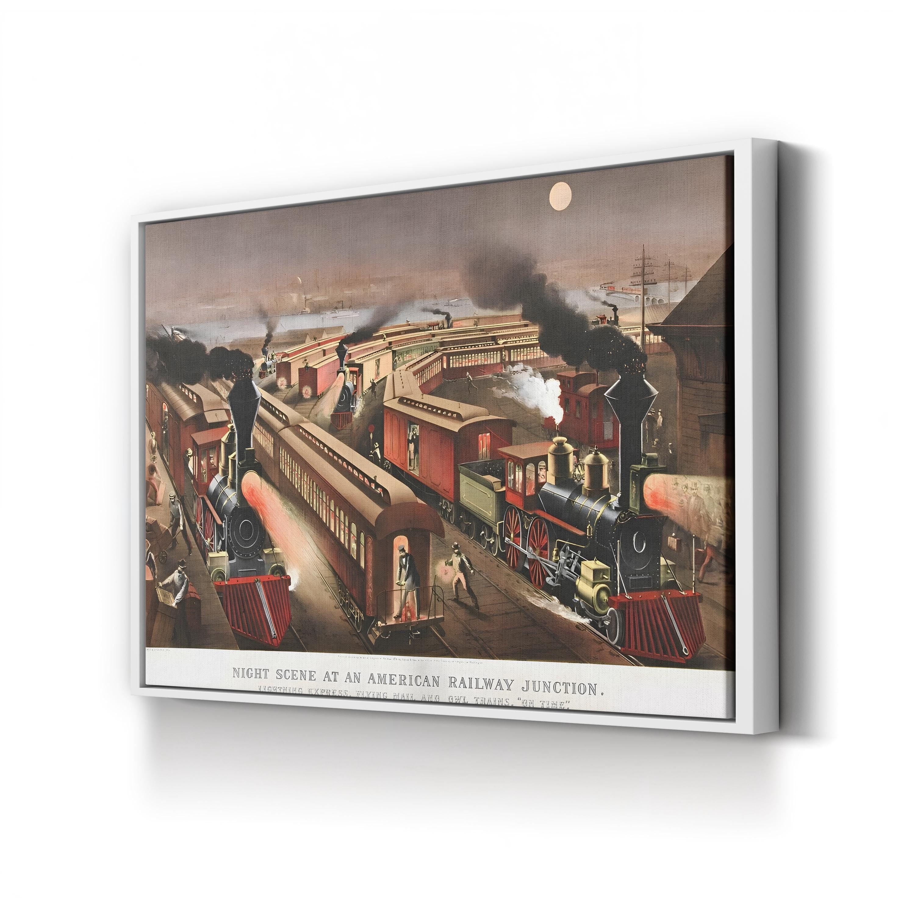 Night Scene at a Railway Junction, 1876 – Currier & Ives Wall Art | Steam Locomotive Canvas Print