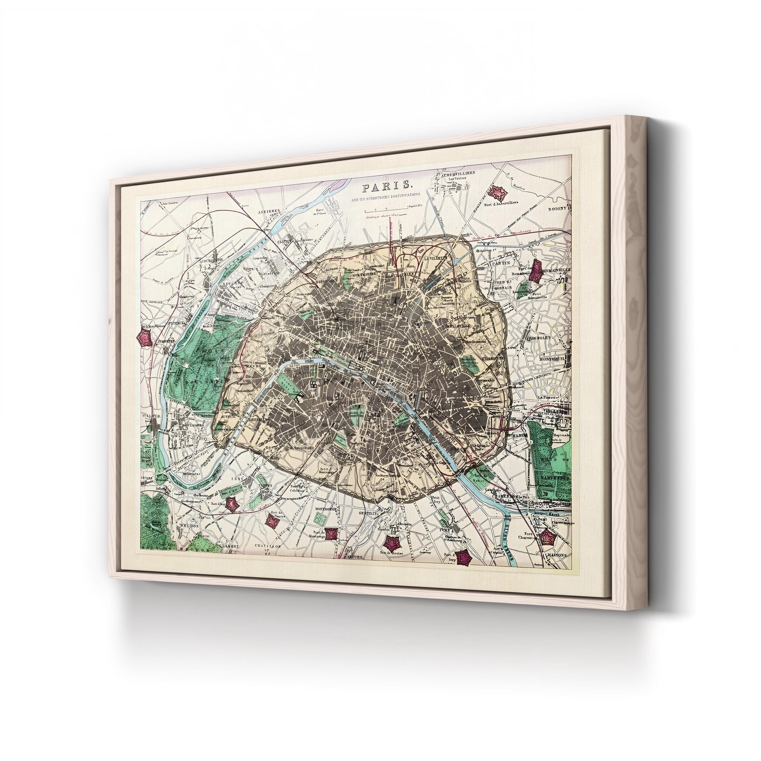 Framed vintage map of Paris on a white background