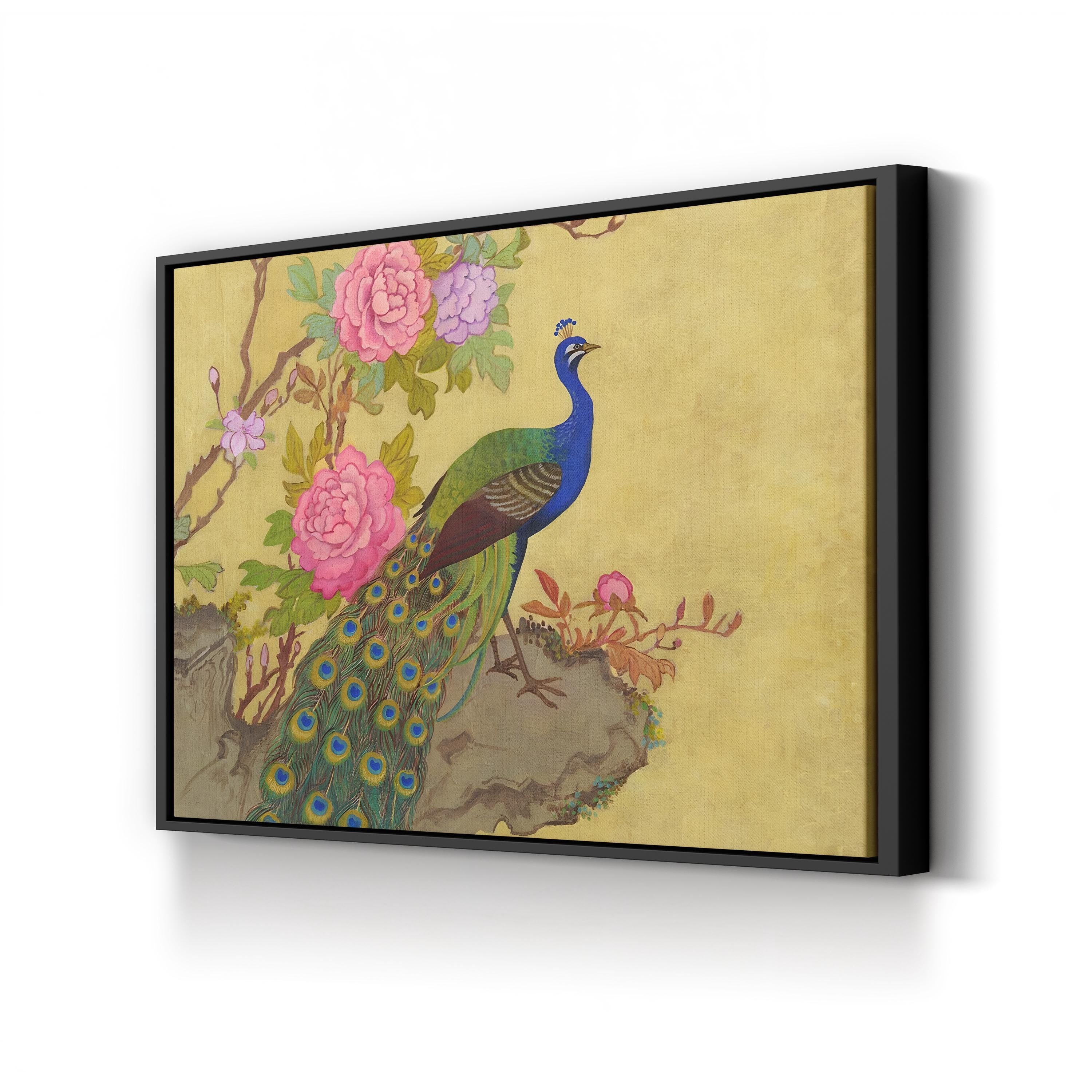 Peacock and Peonies Wall Art by Adam Guan – Chinese Style Floral Wildlife Painting