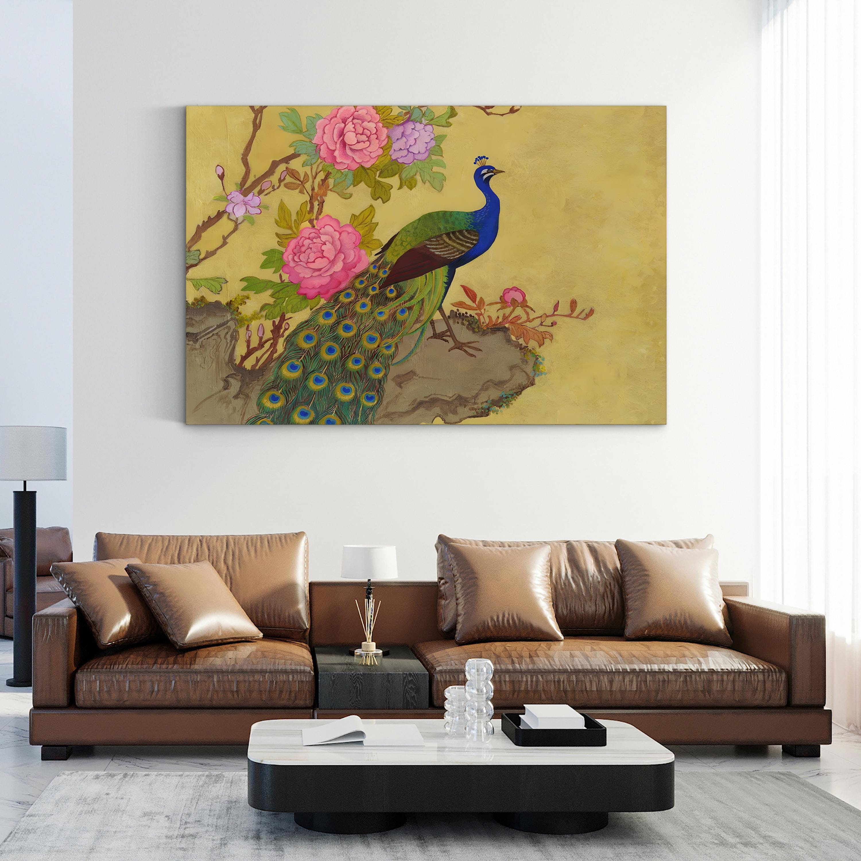 Peacock and Peonies Wall Art by Adam Guan – Chinese Style Floral Wildlife Painting