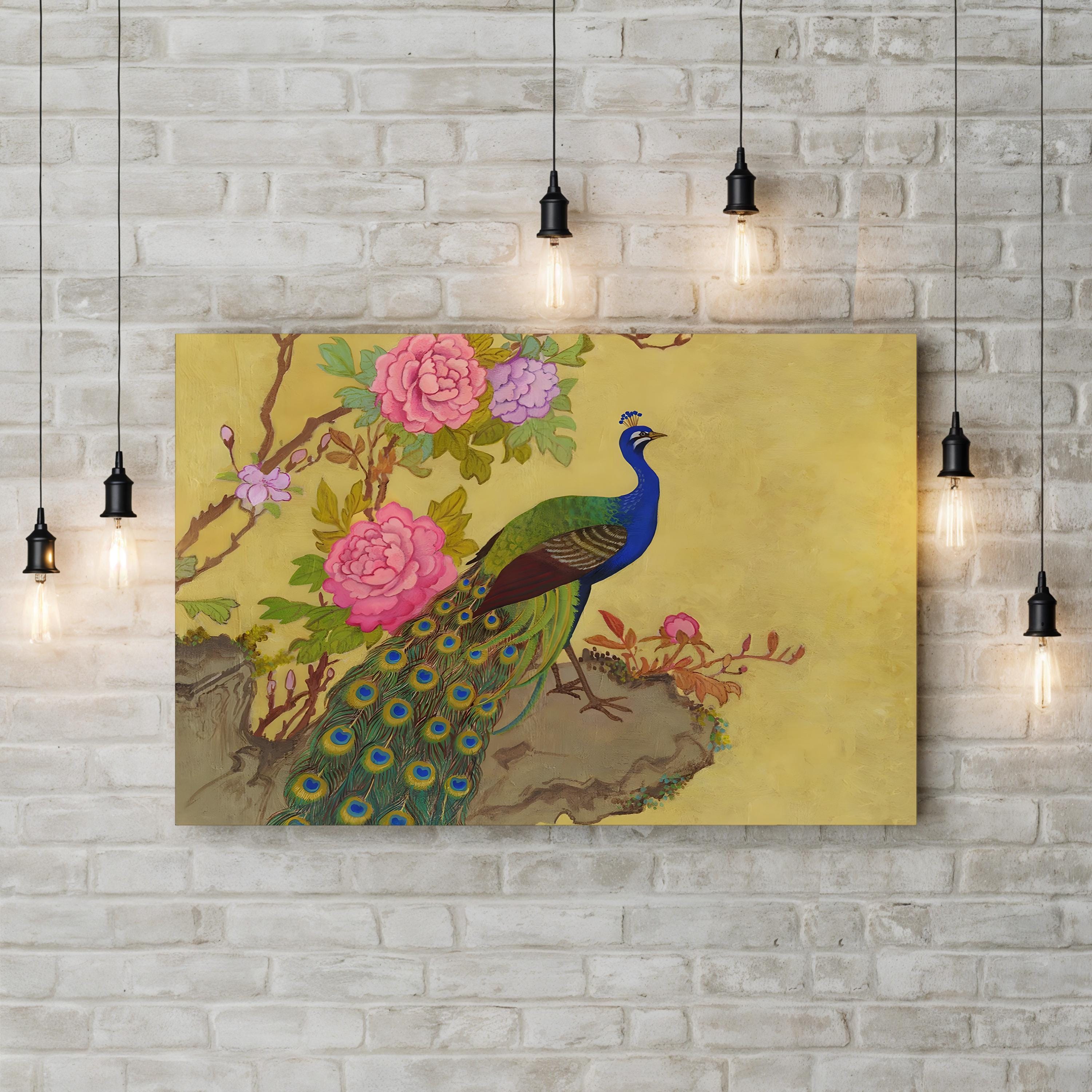 Peacock and Peonies Wall Art by Adam Guan – Chinese Style Floral Wildlife Painting