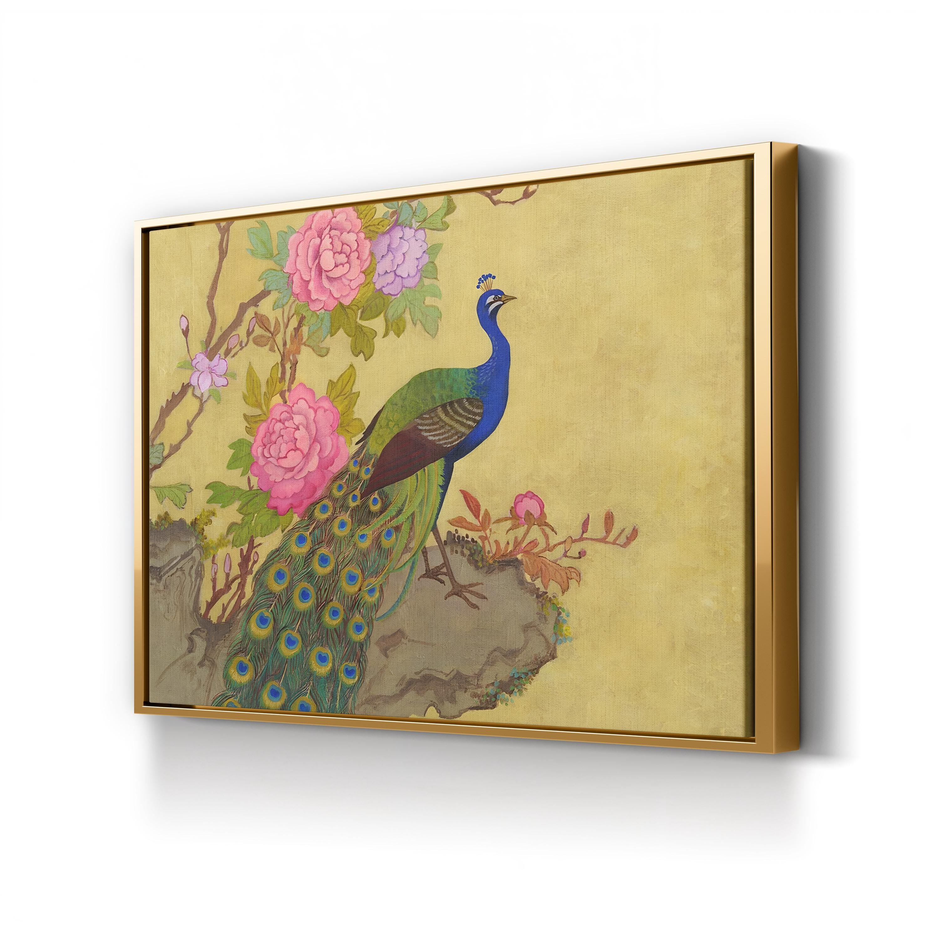 Peacock and Peonies Wall Art by Adam Guan – Chinese Style Floral Wildlife Painting