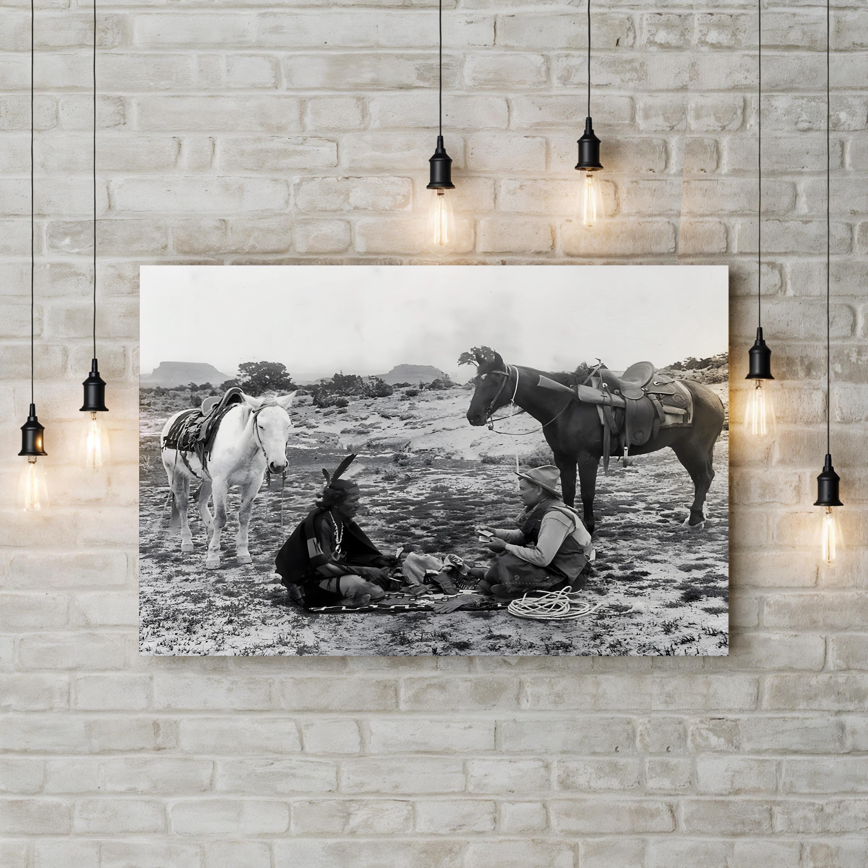 Cowboys & Native Americans Playing Cards, 1915 – Period Illustration Wall Art | Western Canvas Print