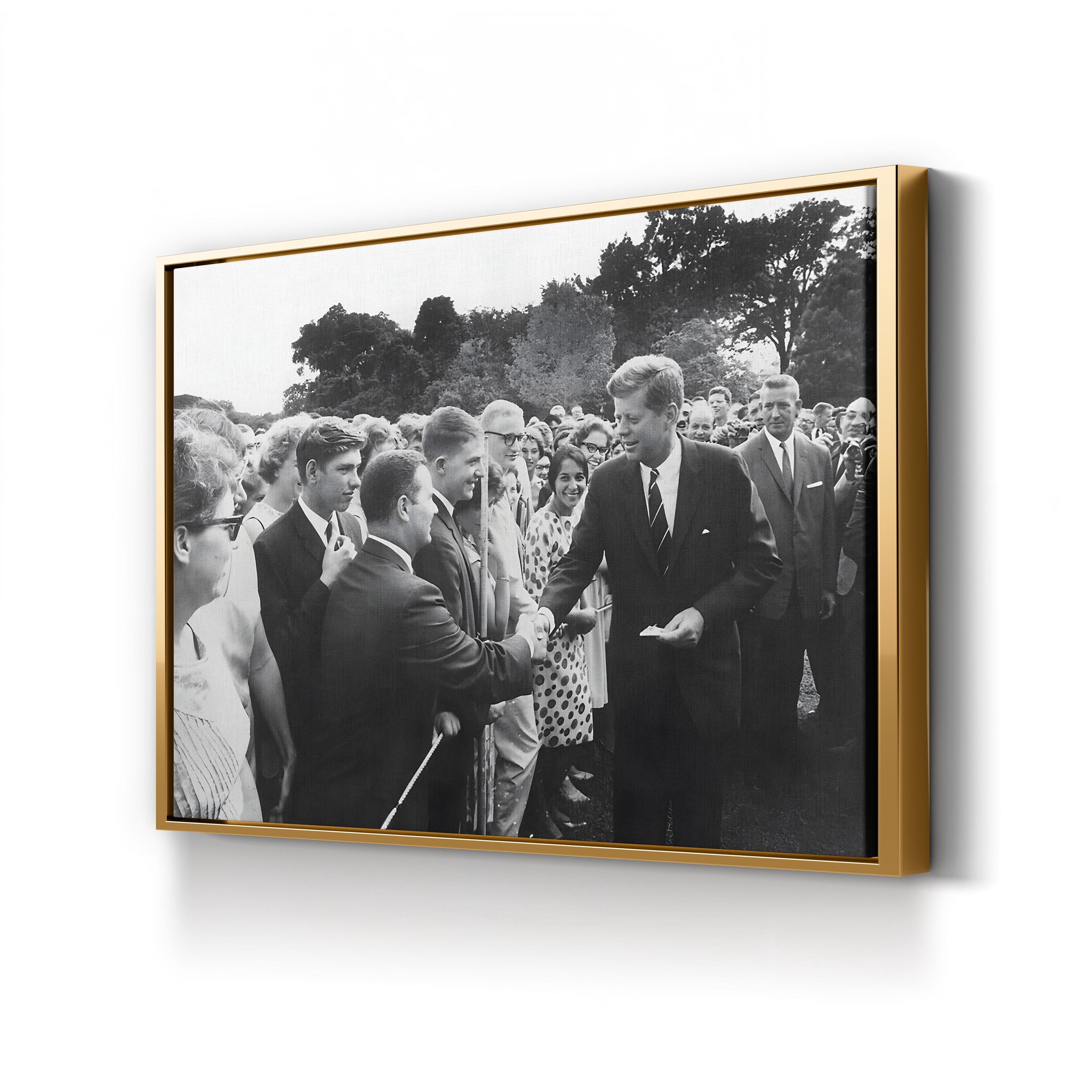 President Kennedy Greets Peace Corps Volunteers, c. 1962, by Abbie Rowe canvas print in a gold frame
