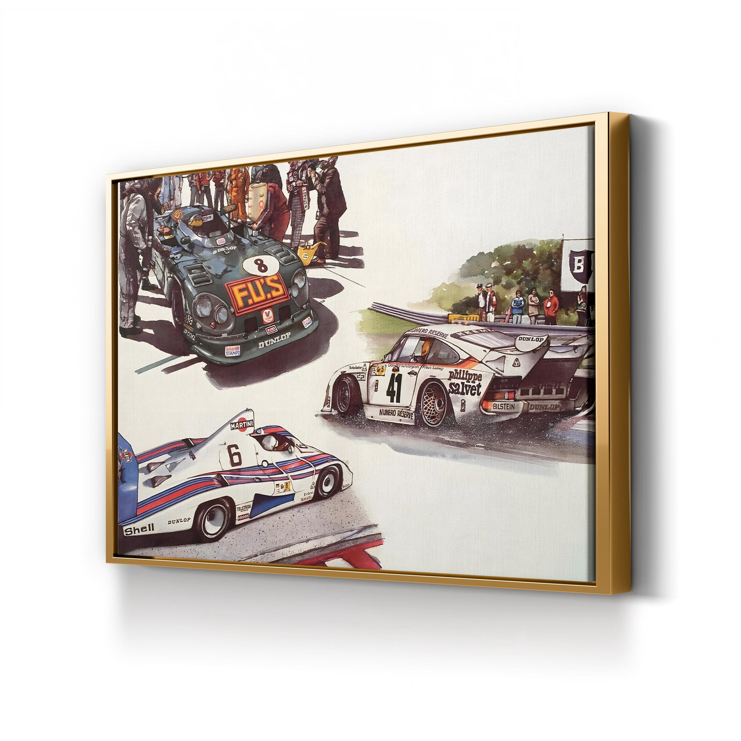 Vintage Racing Cars Illustration canvas print in gold frame