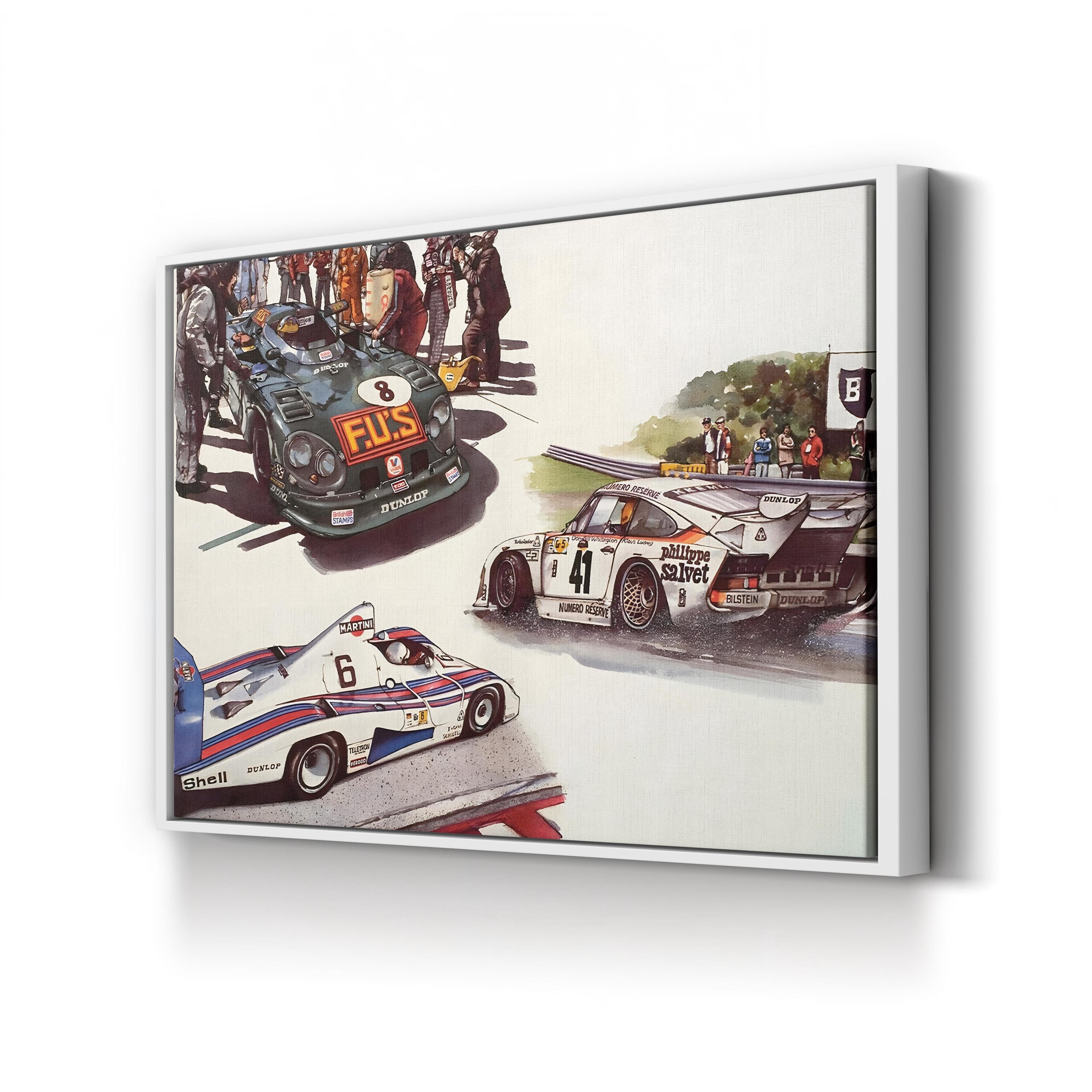 Vintage Racing Cars Illustration canvas print in white frame