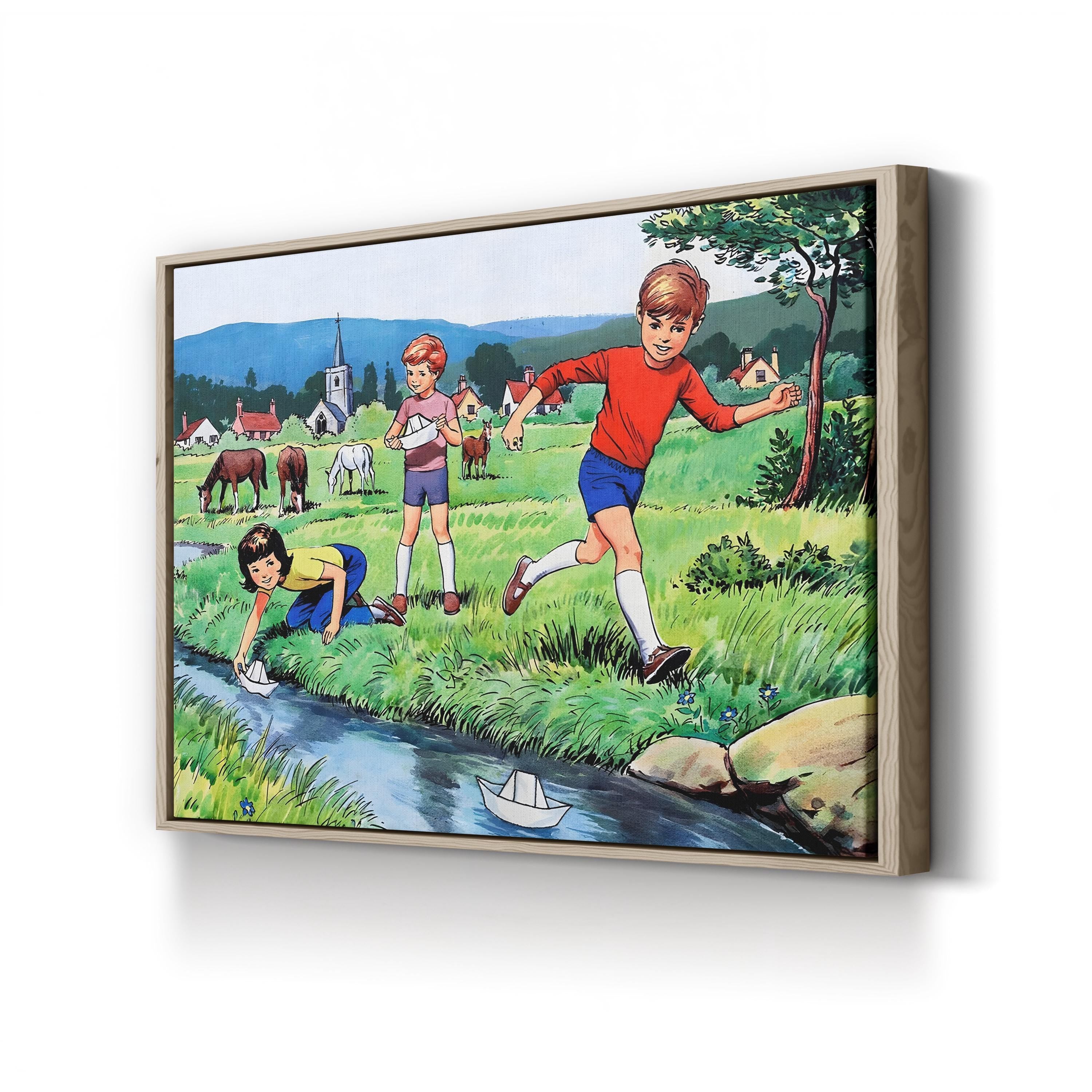 Vintage Children Playing with Sailing Paper Boats canvas print in oak frame