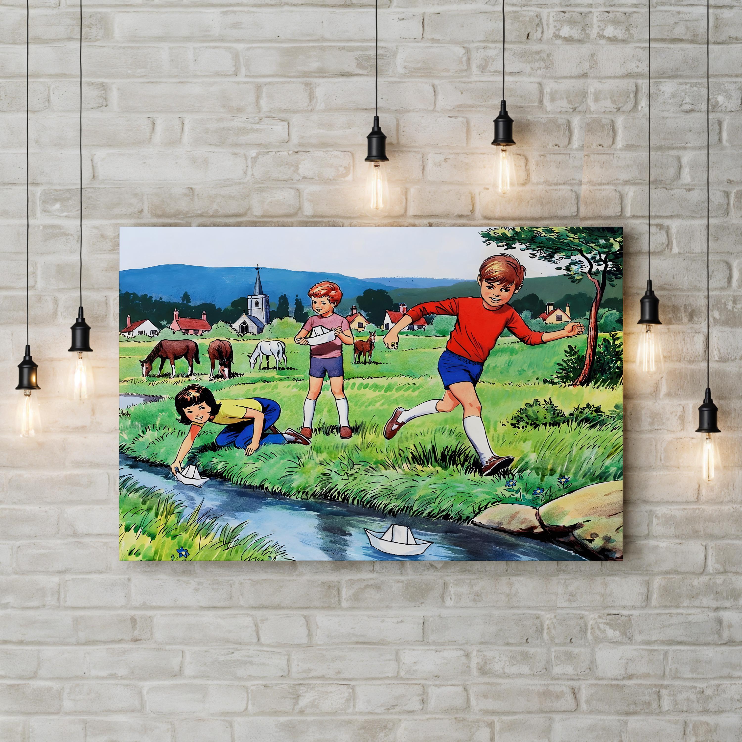 Vintage Children Playing with Sailing Paper Boats Wall Art