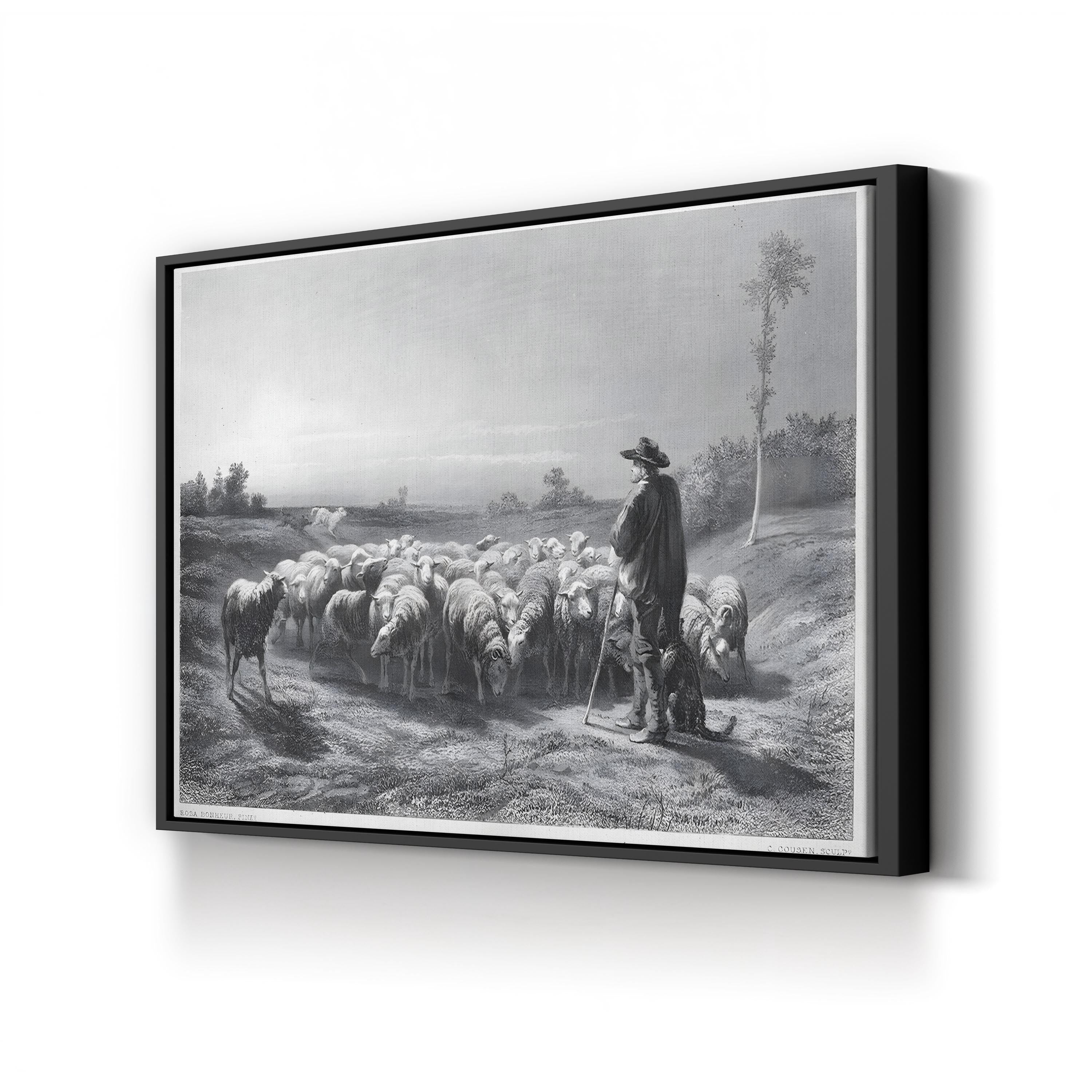 Shepherd with Sheep – Period Illustration Wall Art | 19th-Century Pastoral Canvas Print