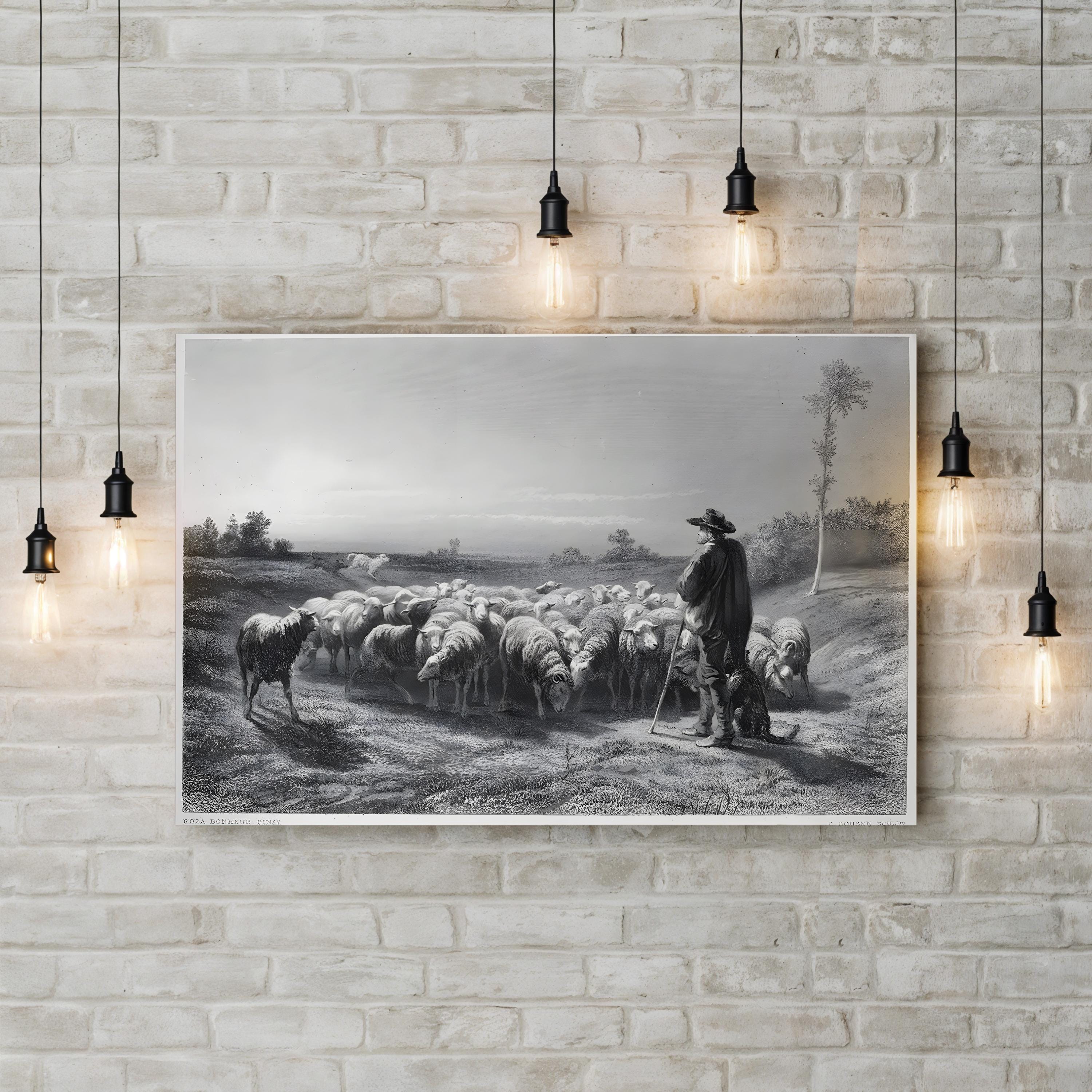 Shepherd with Sheep – Period Illustration Wall Art | 19th-Century Pastoral Canvas Print