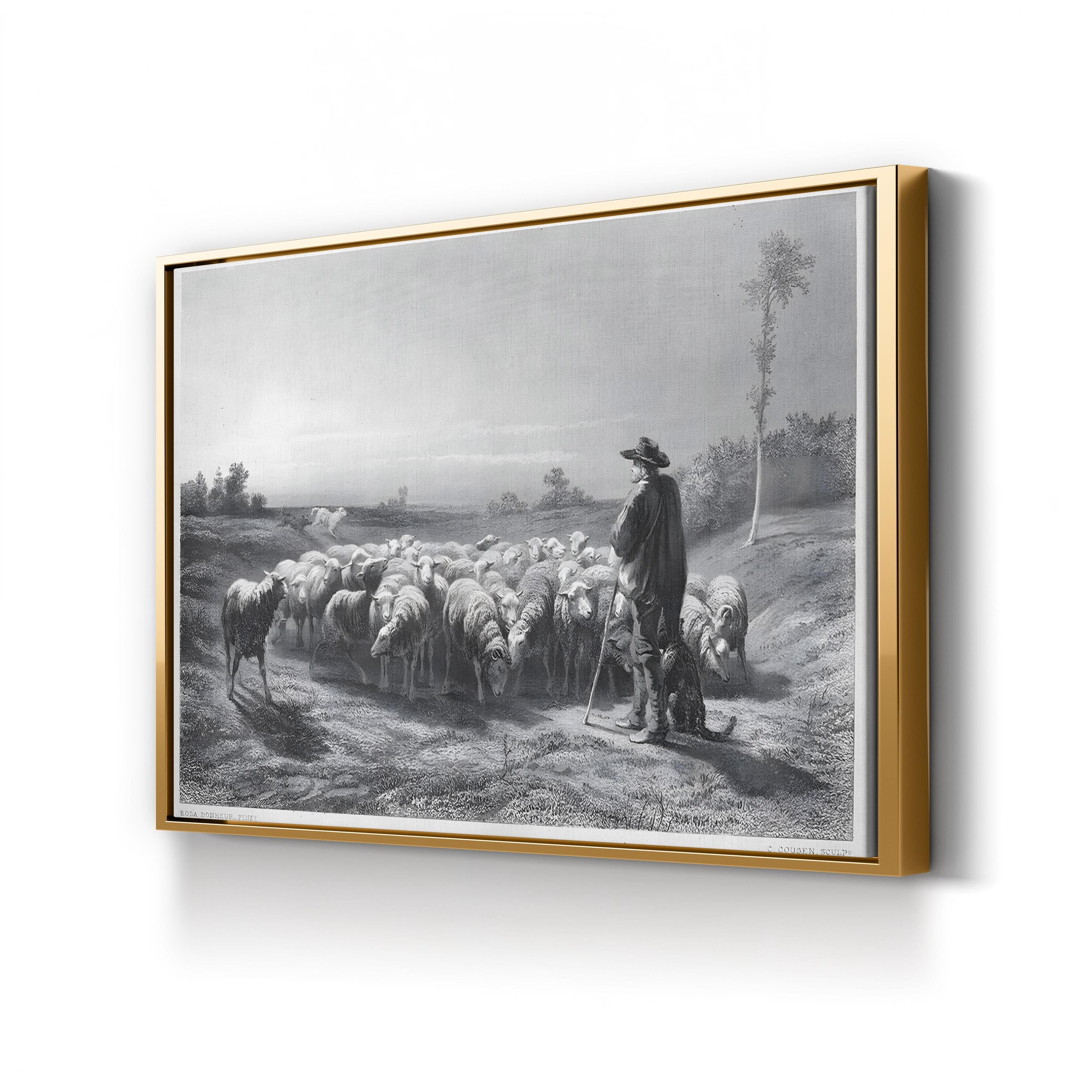 Shepherd with Sheep – Period Illustration Wall Art | 19th-Century Pastoral Canvas Print