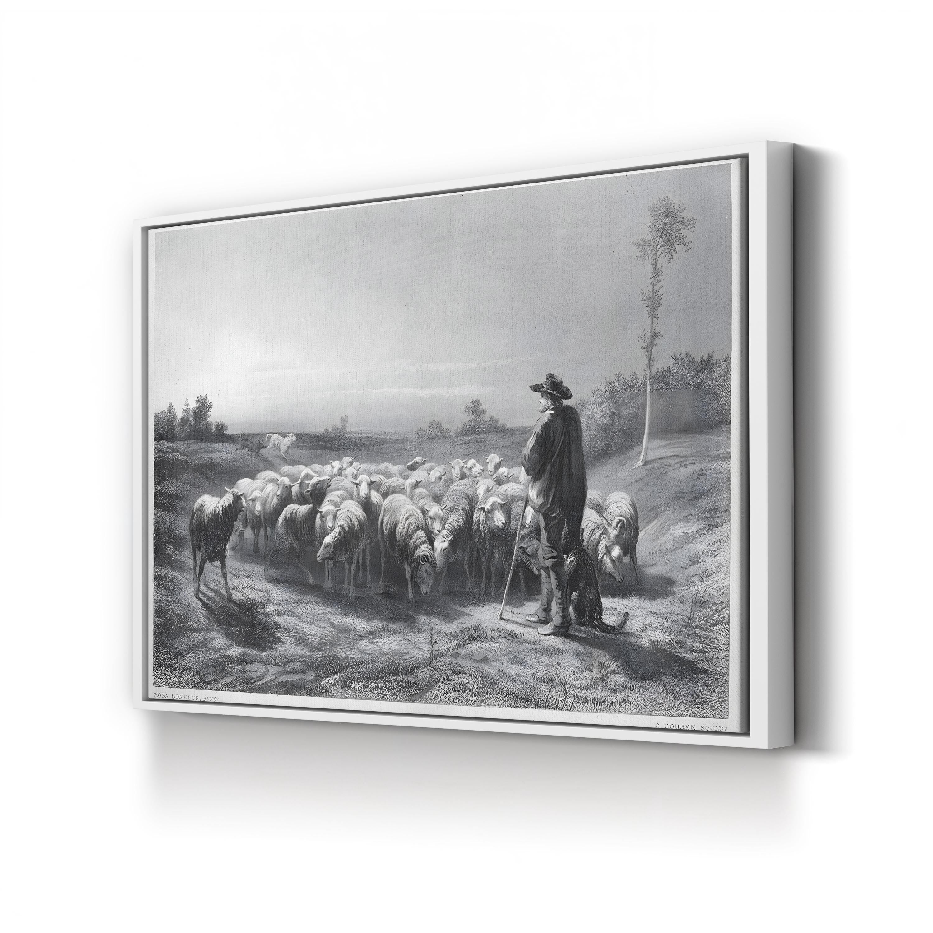 Shepherd with Sheep – Period Illustration Wall Art | 19th-Century Pastoral Canvas Print