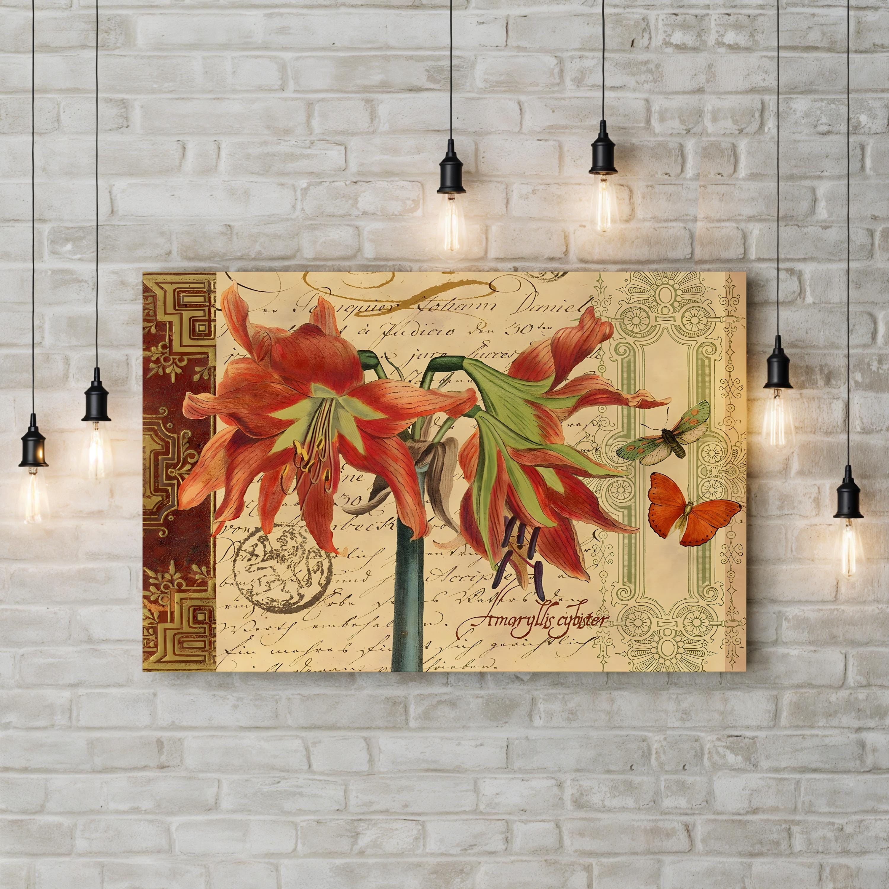 Sienna Amaryllis Wall Art by Studio Voltaire – Vintage Botanical Illustration with Butterflies