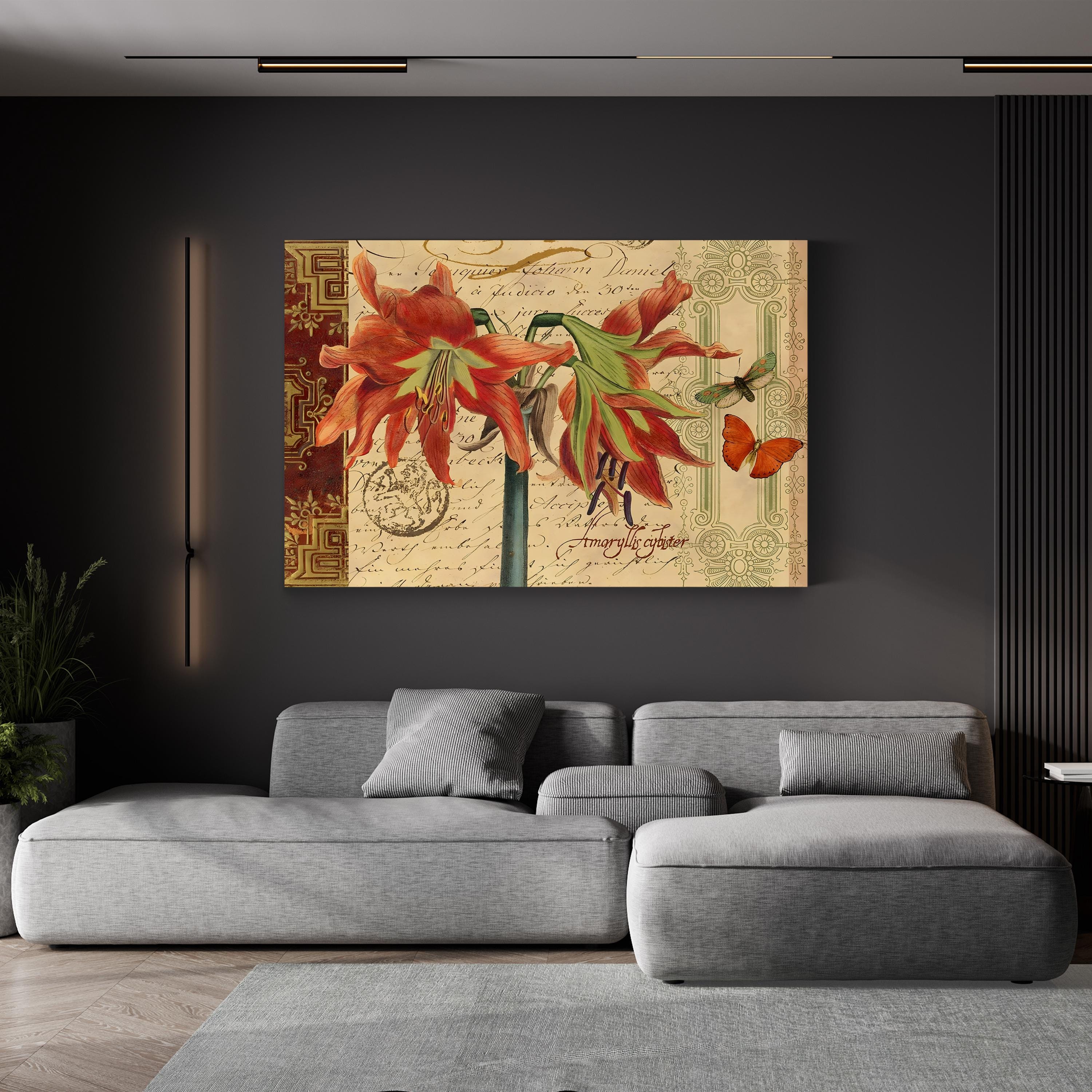 Sienna Amaryllis Wall Art by Studio Voltaire – Vintage Botanical Illustration with Butterflies