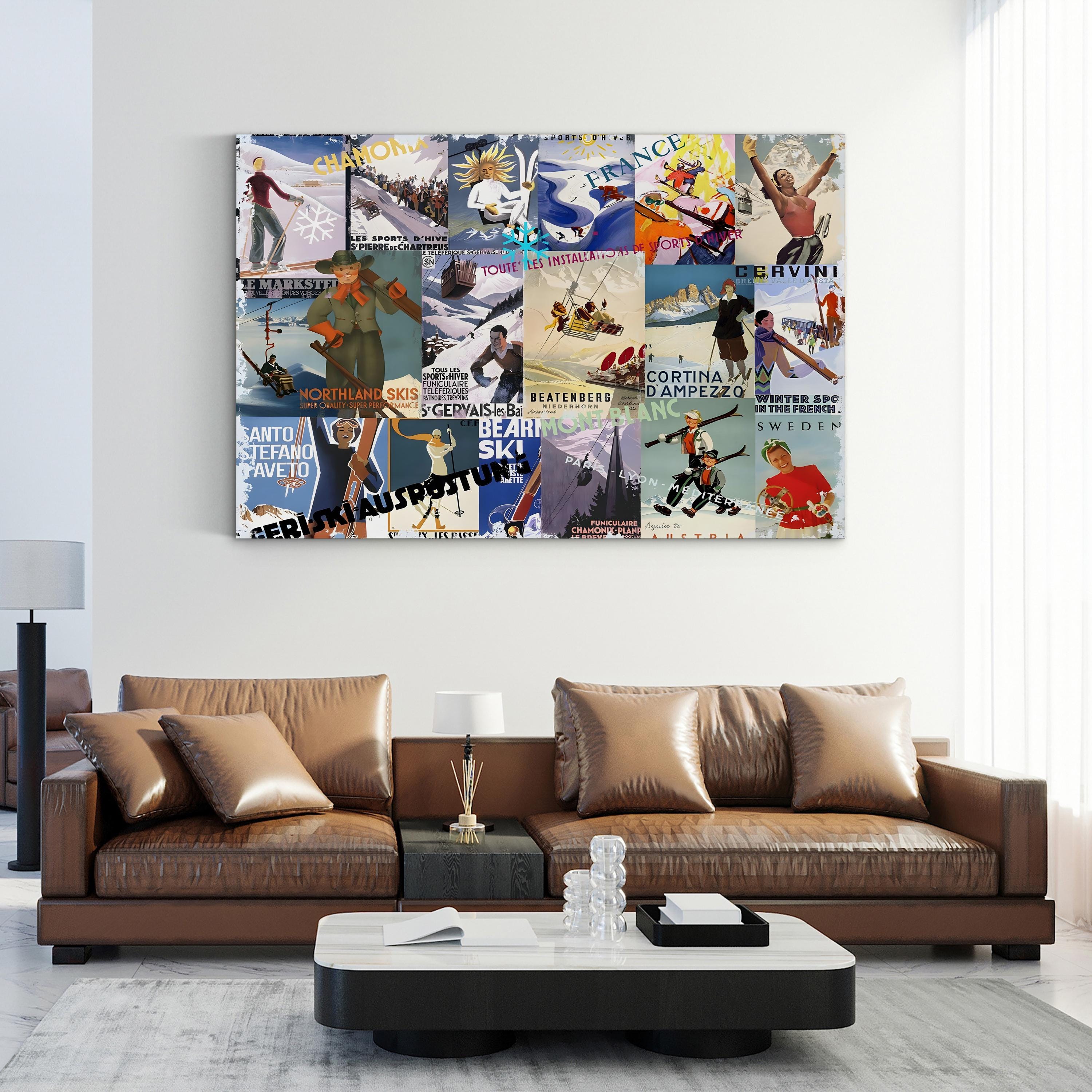 Vintage Ski Poster Collage – Period Illustration Wall Art | Retro Winter Sports Canvas Print