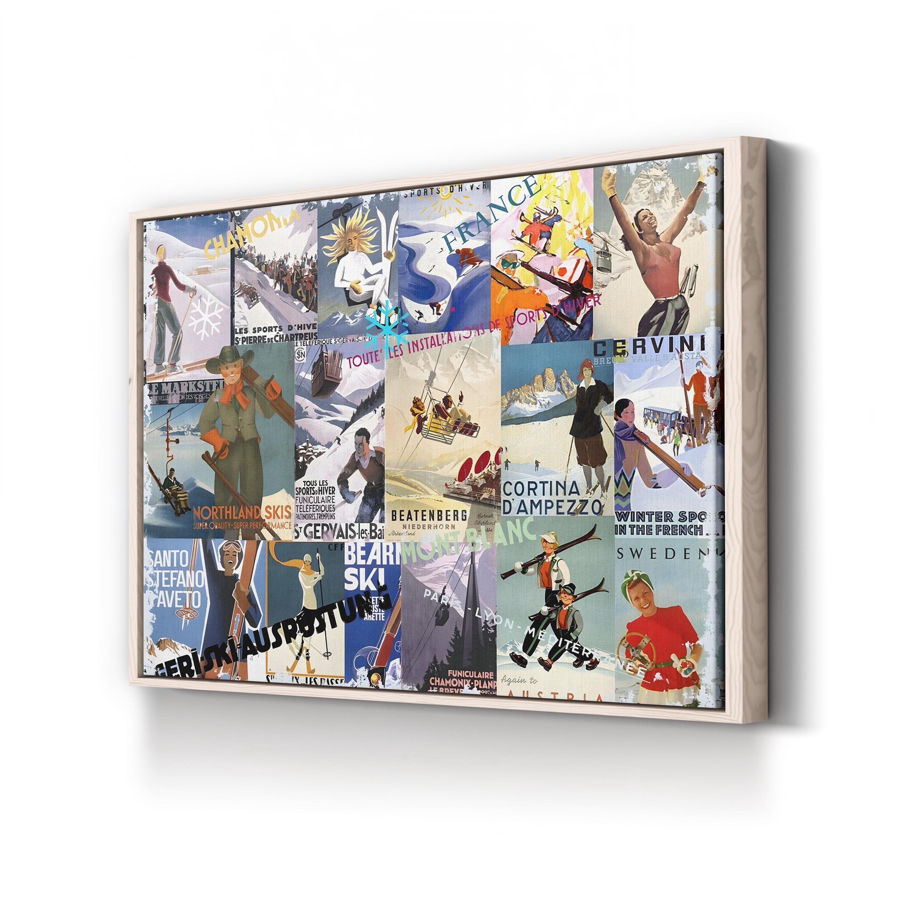 Vintage Ski Poster Collage – Period Illustration Wall Art | Retro Winter Sports Canvas Print