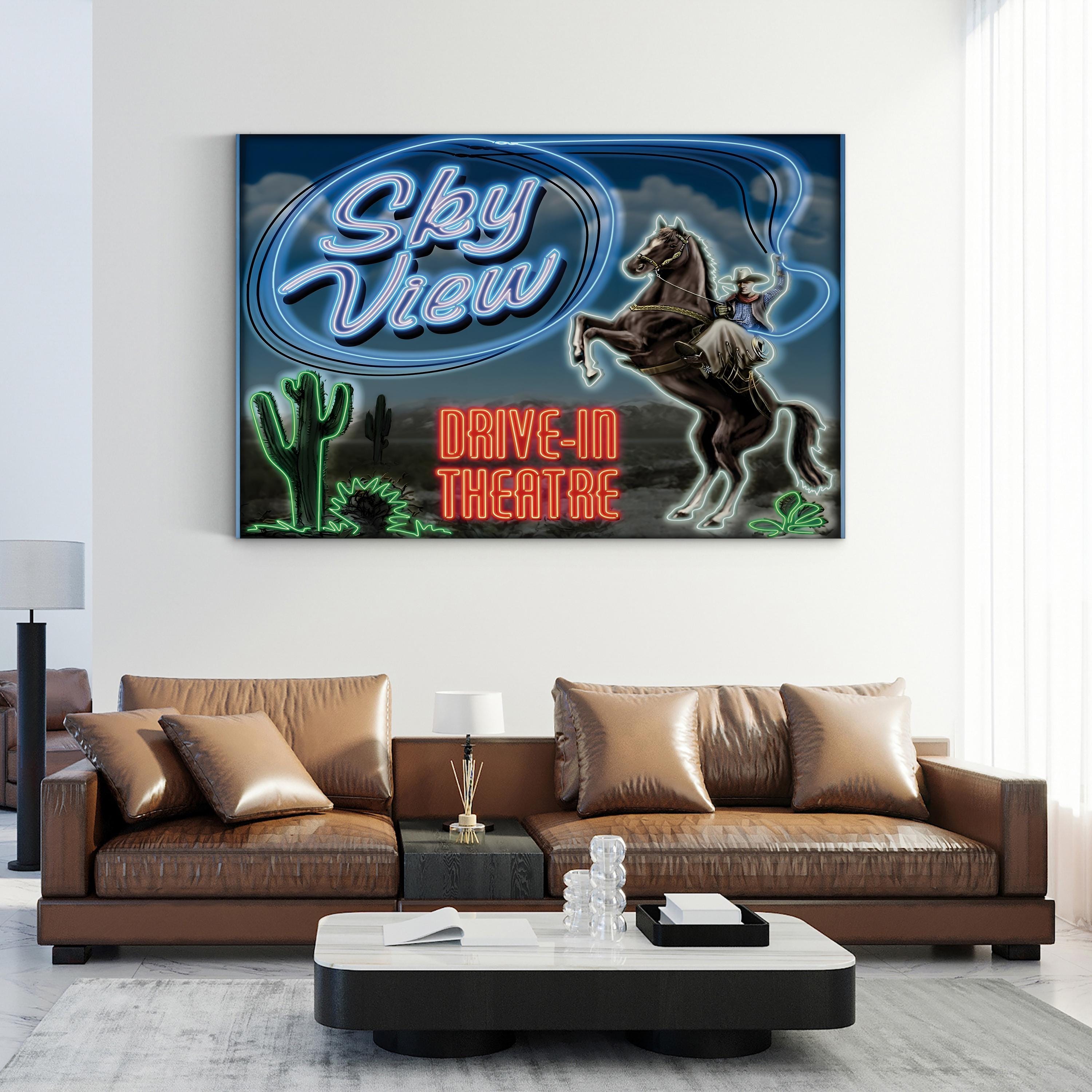 Sky View Drive-In Theater Canvas Art Print – Vintage Cowboy Neon Sign Wall Art