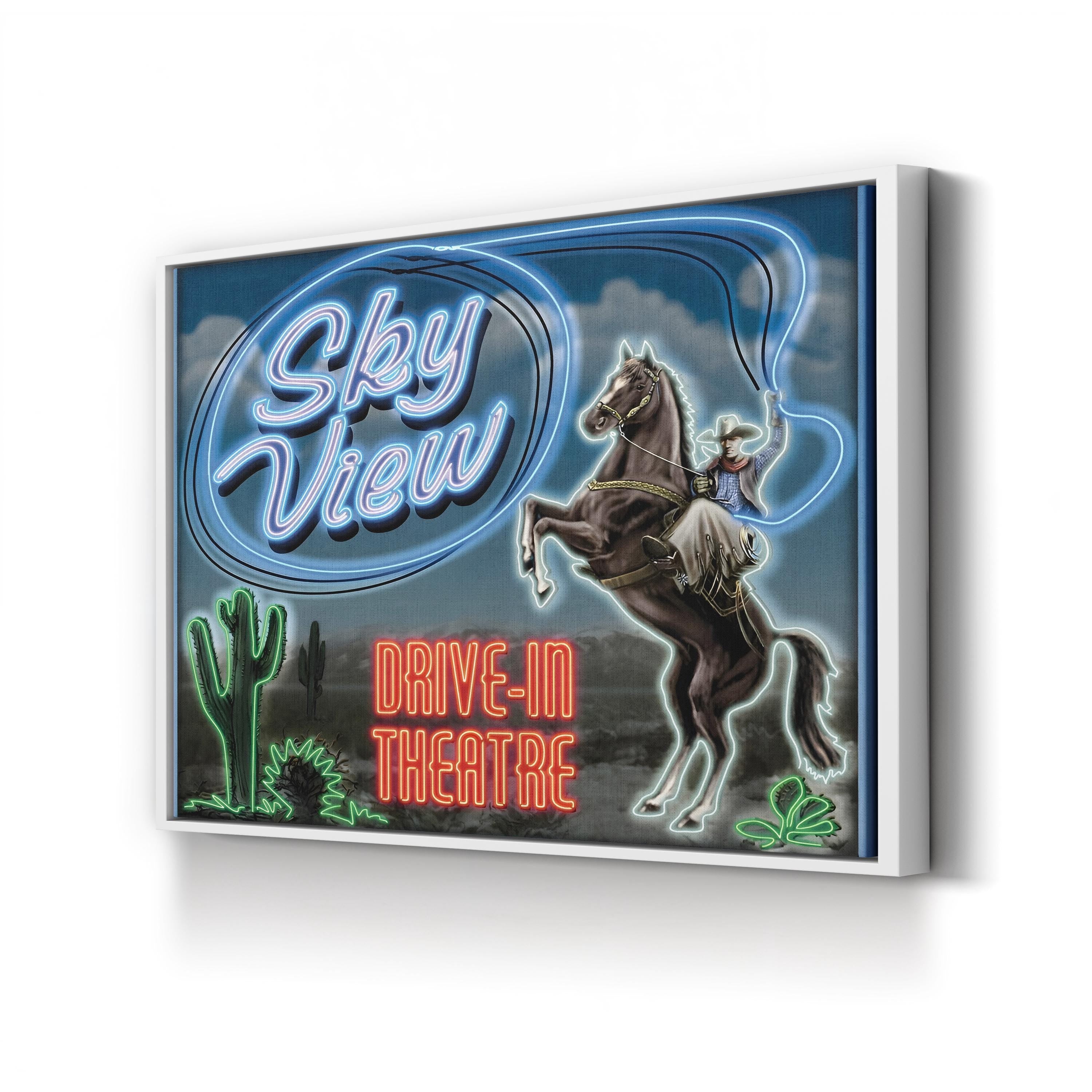 Sky View Drive-In Theater Canvas Art Print – Vintage Cowboy Neon Sign Wall Art