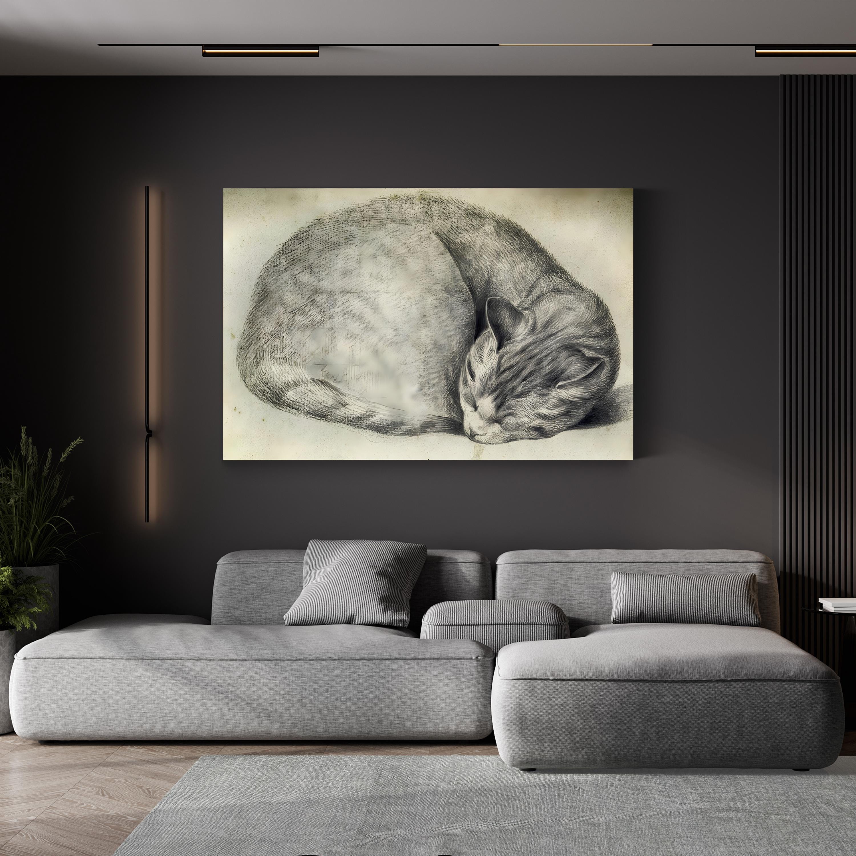 Sleeping Cat Canvas Art Print – Vintage Pencil Drawing, Animal Wall Art