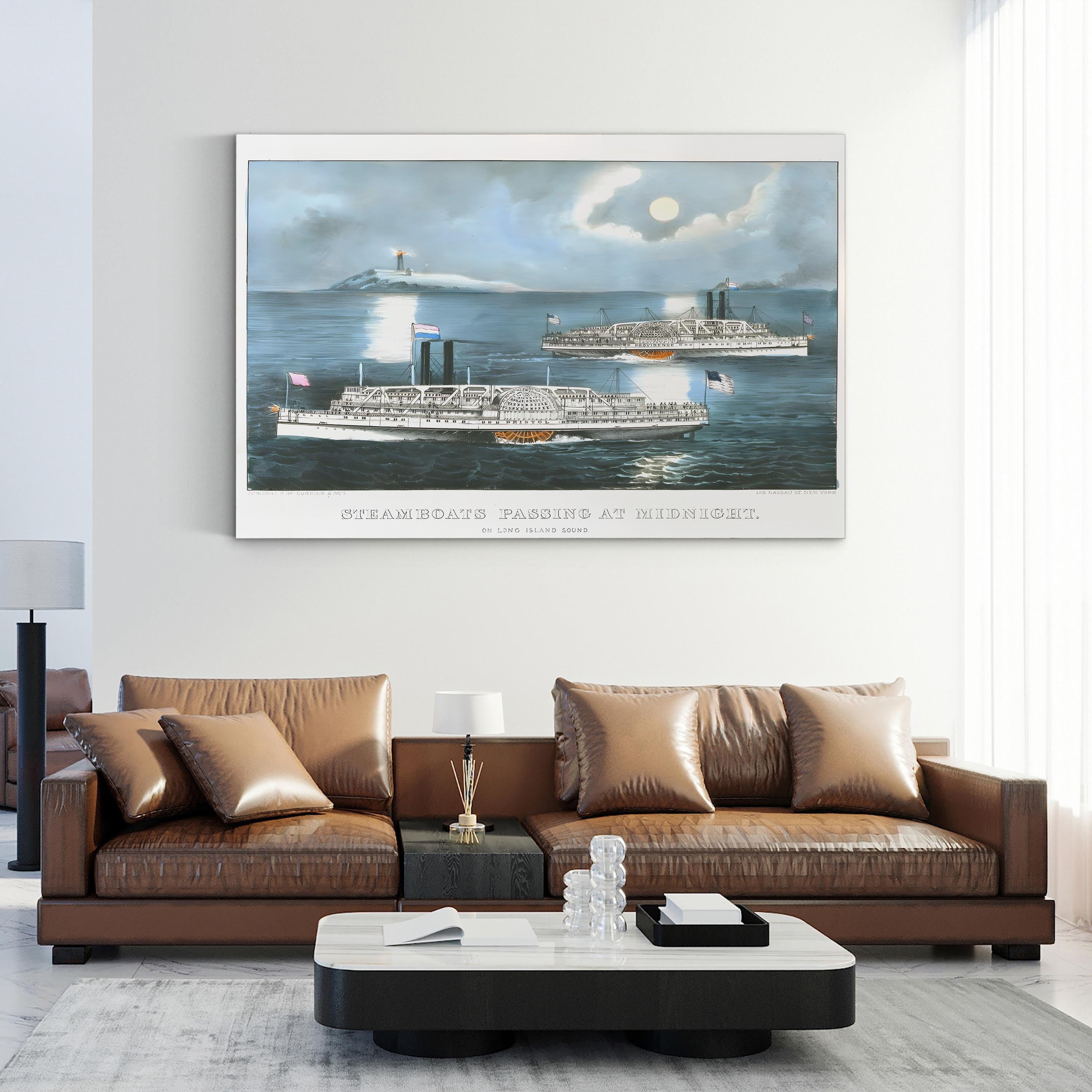 Steamboats on Long Island Sound – Period Illustration Wall Art | Nautical Night Canvas Print