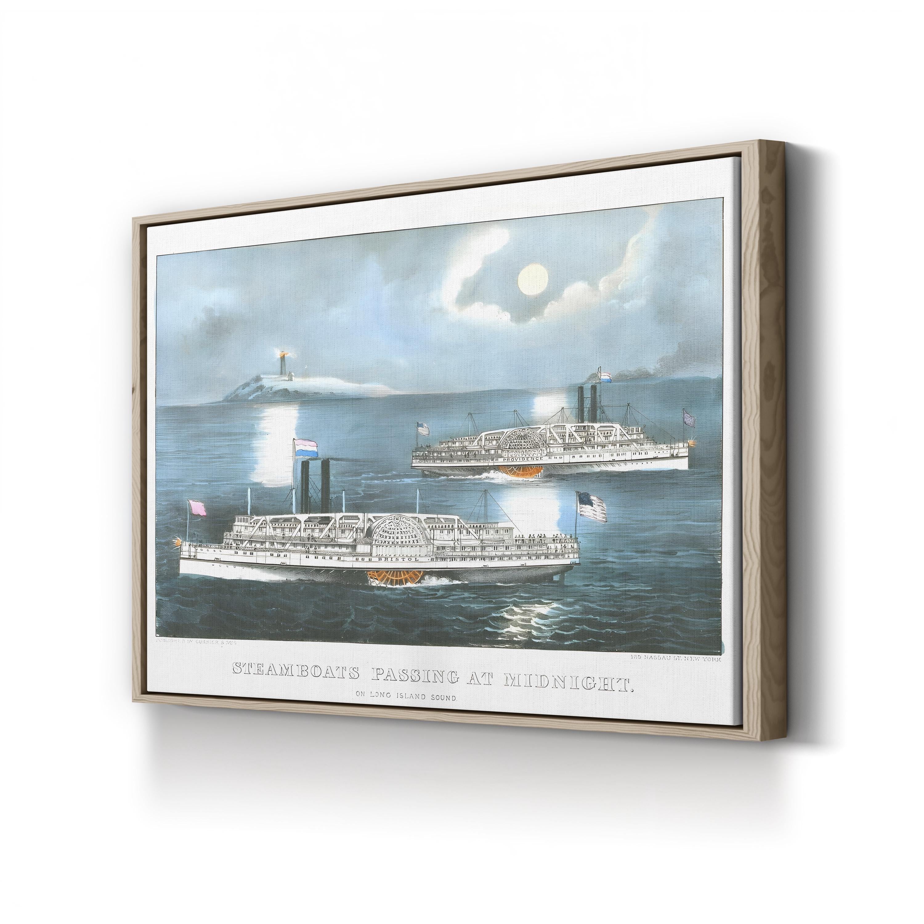 Steamboats on Long Island Sound – Period Illustration Wall Art | Nautical Night Canvas Print