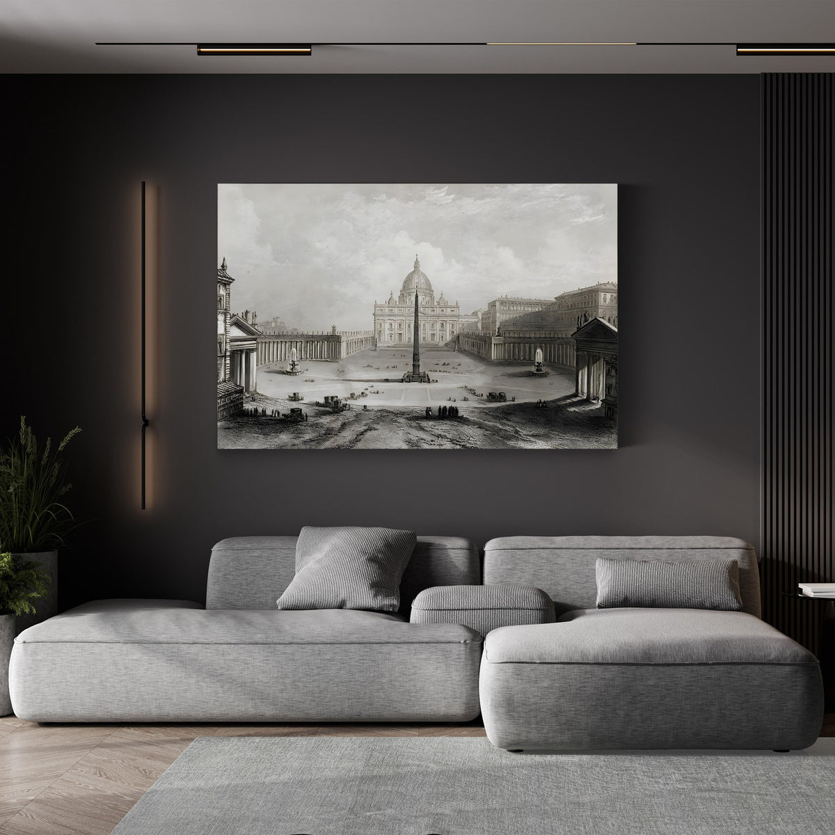 St. Peter's Basilica, Rome by Giovanni Battista Piranesi canvas print in a black frame displayed in a room