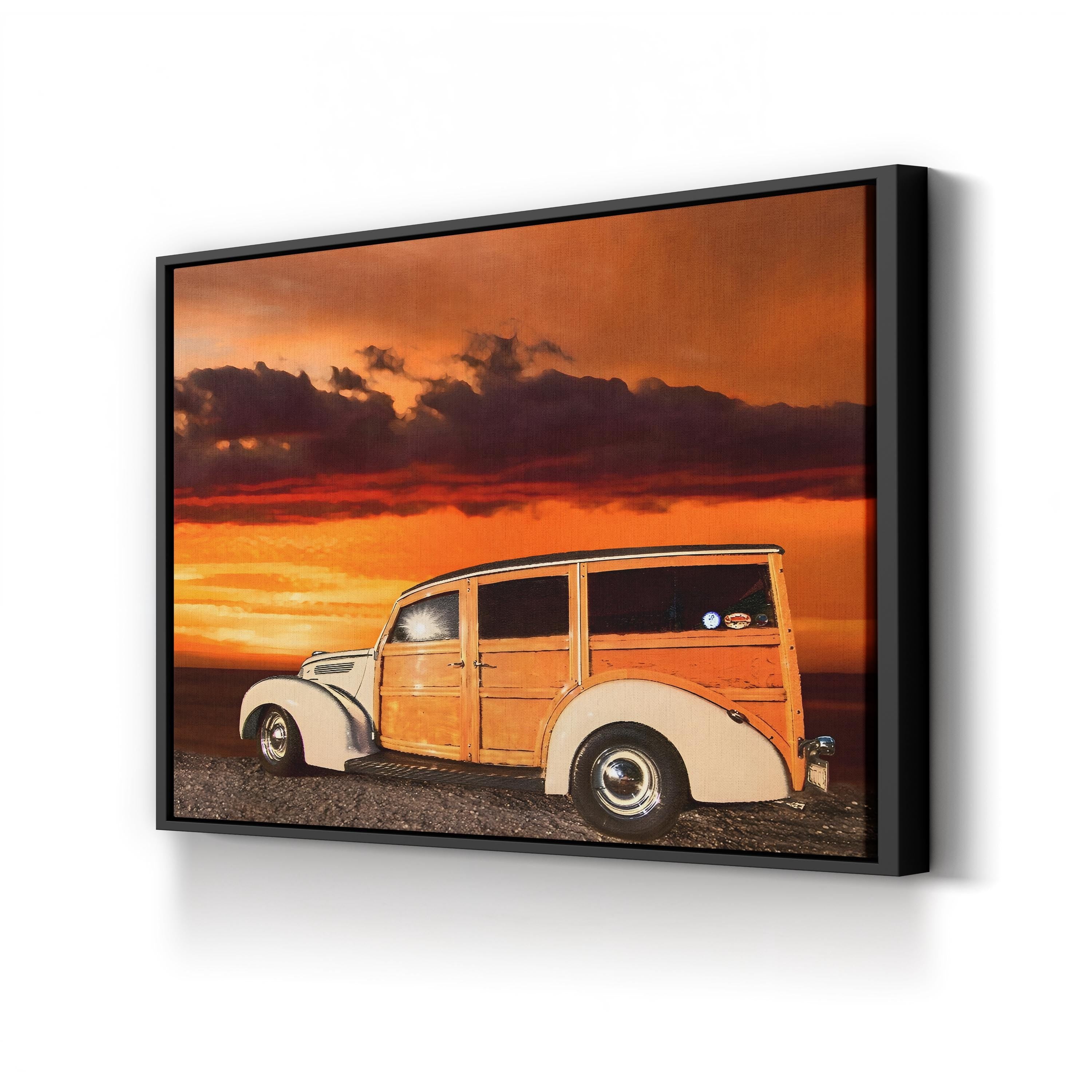 Vintage Woody Wagon Sunset – Vintage Photography Wall Art | Coastal Canvas Print